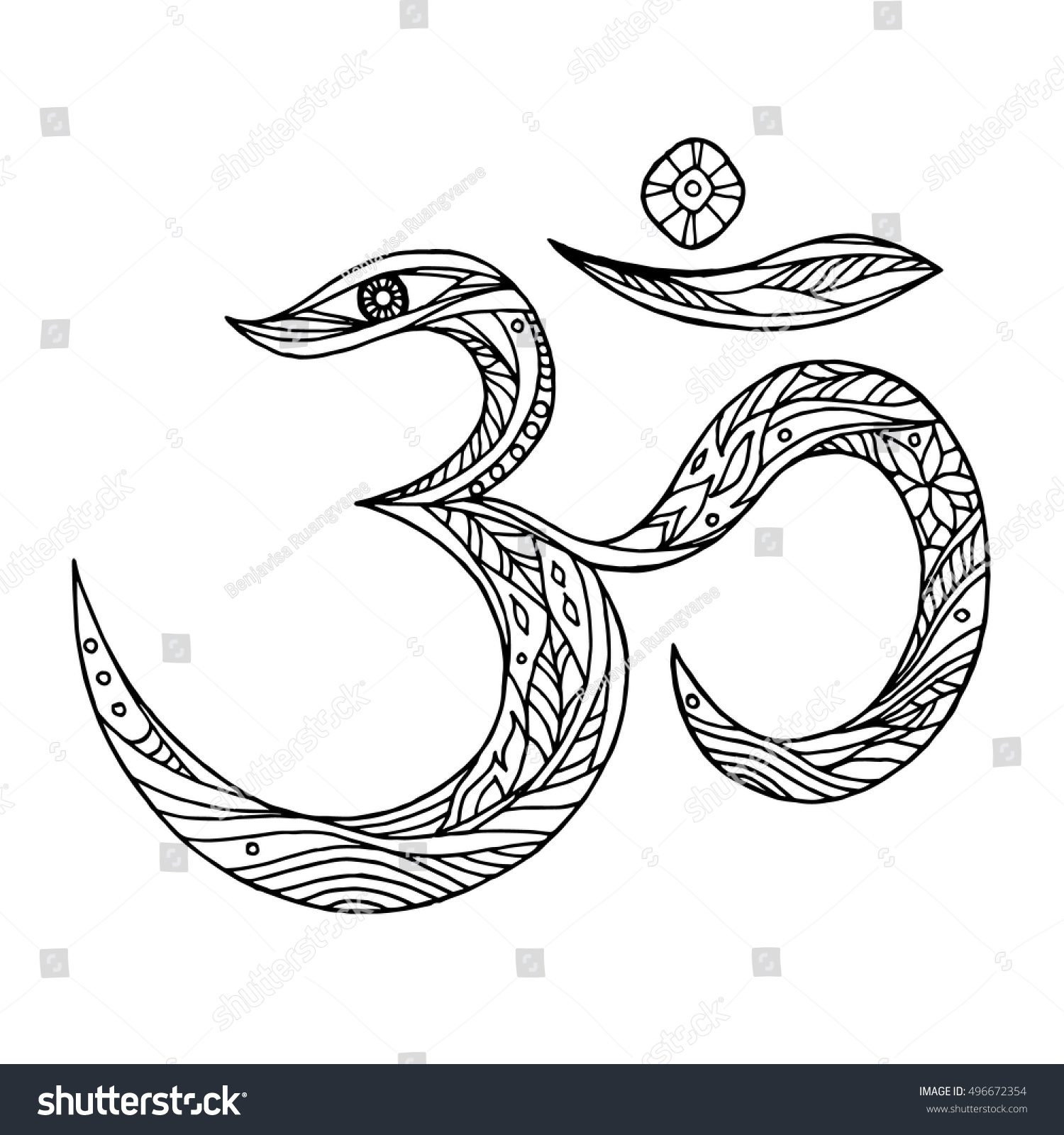 Om, Aum Symbol Design Hand Drawn Vector Illustration Design - 496672354