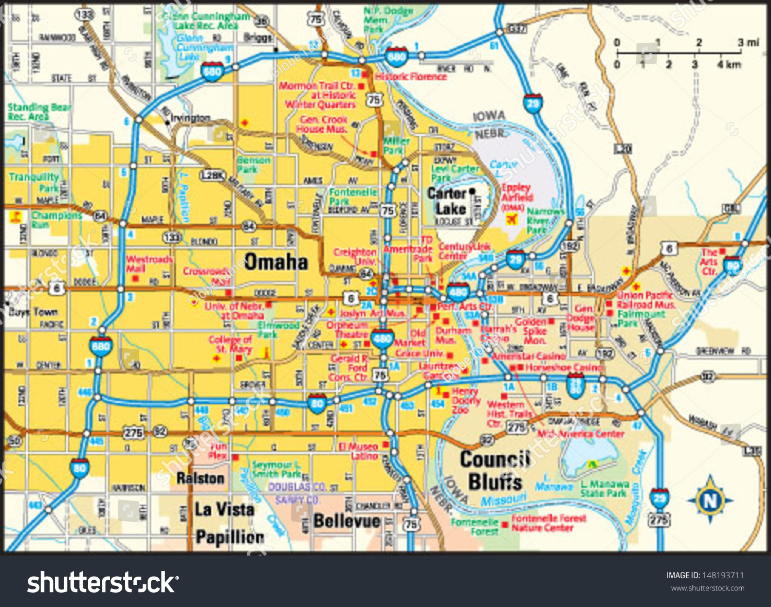 Map Of Omaha Nebraska Omaha Nebraska Area Map: Stockvector (Rechtenvrij) 148193711