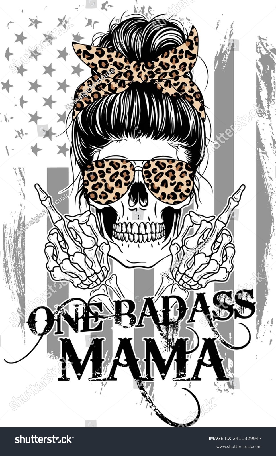 SVG of One badass mama, Sarcastic, Skull mom, Funny skeleton, Messy bun, Mama, Mom life, Leopard mama. svg