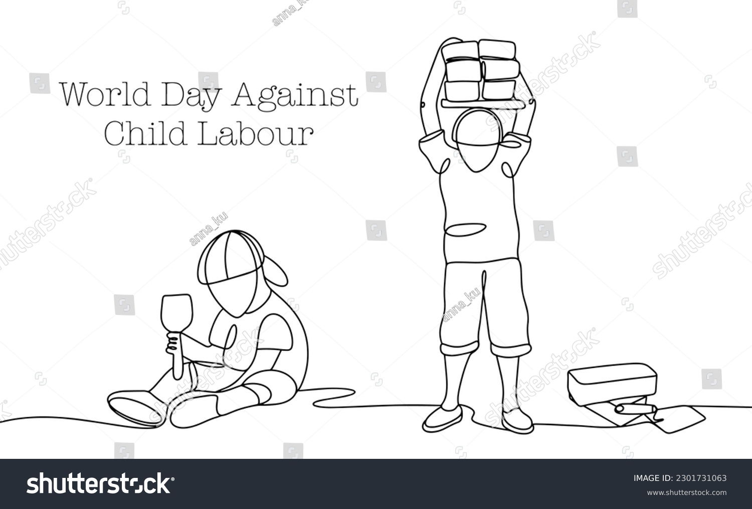SVG of One boy is playing in the sandbox, and the other is working hard. Child labour. World Day Against Child Labour. One line drawing for different uses. Vector illustration. svg