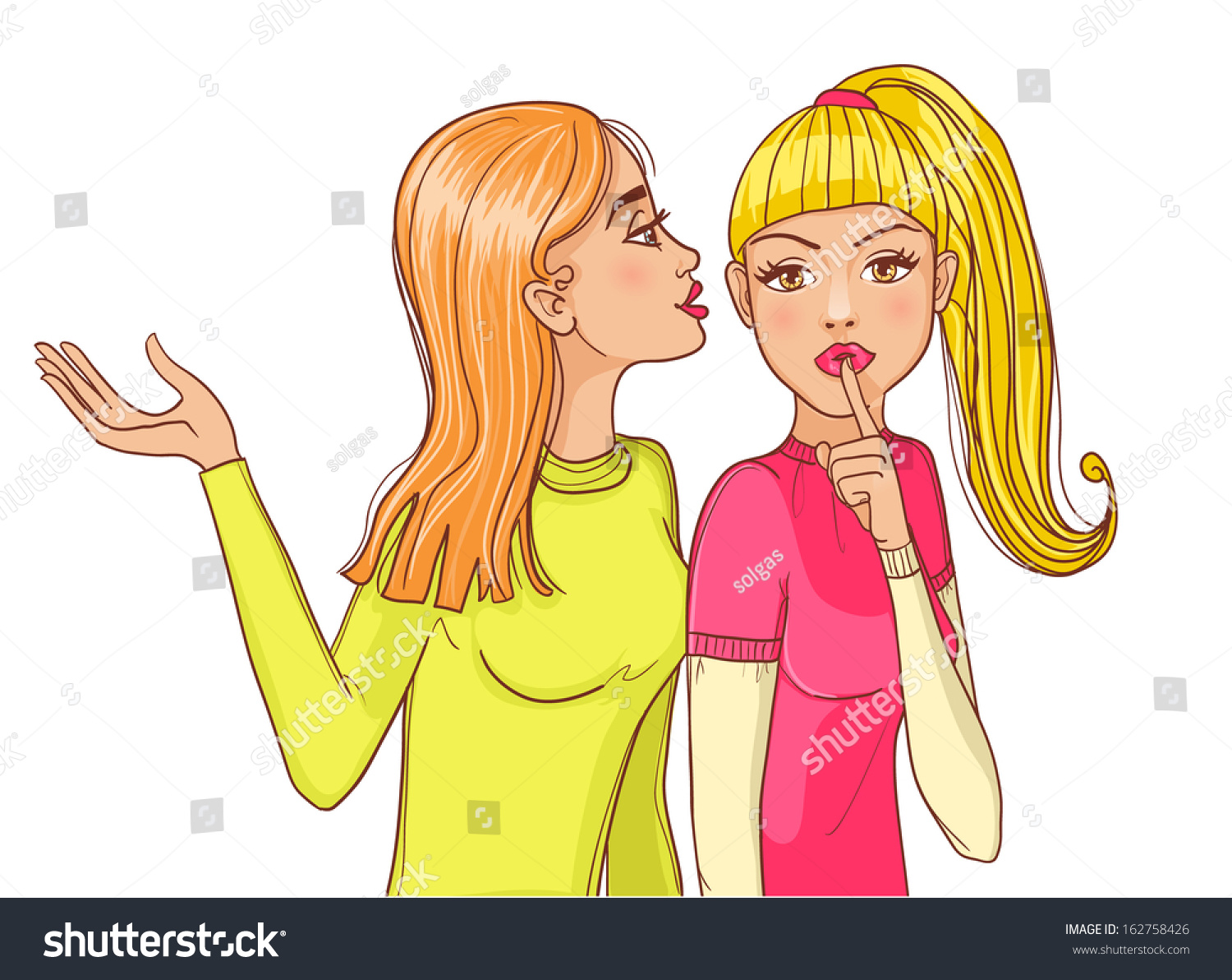 One cartoon girl tell a secret to another one