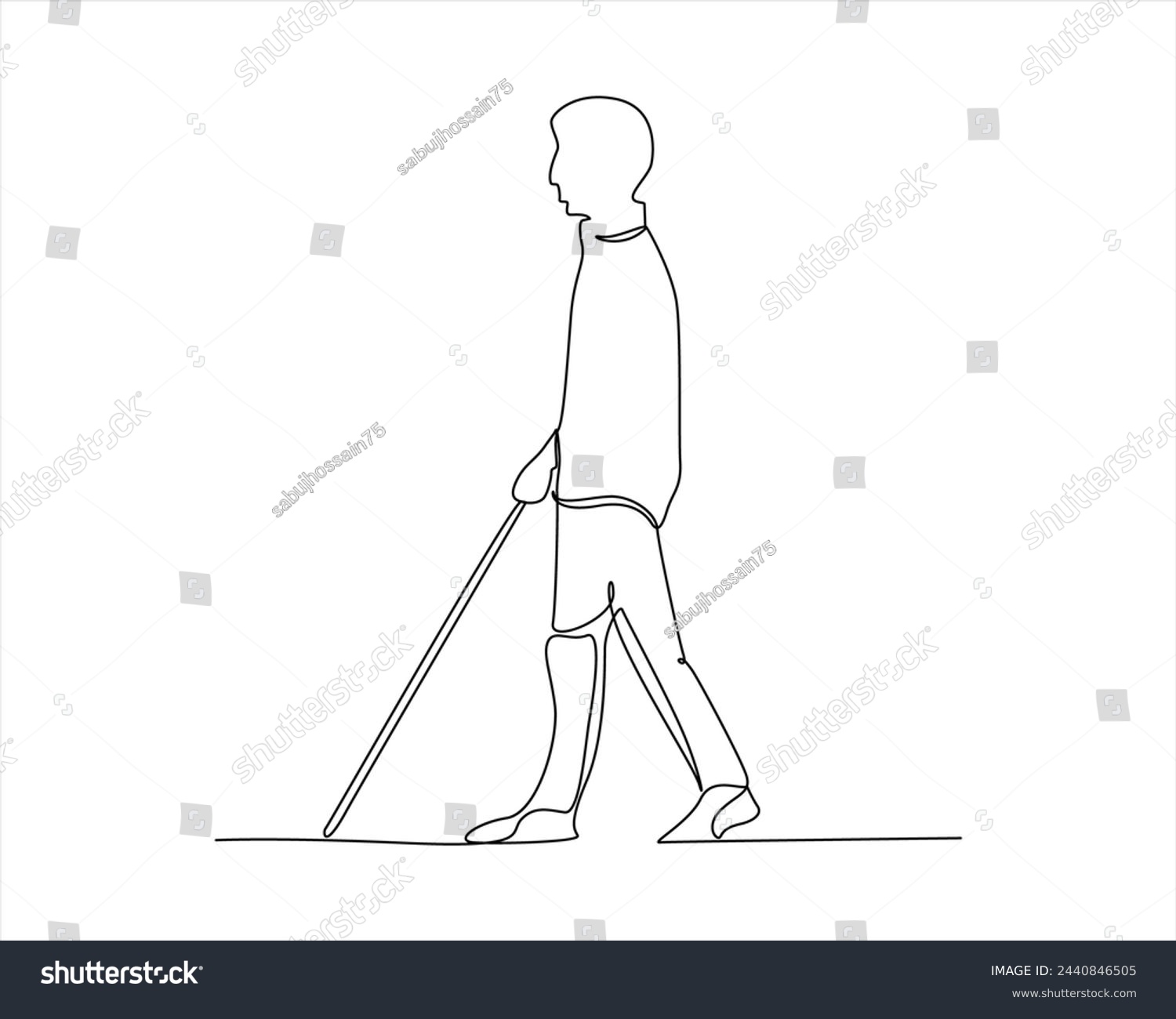 SVG of One continuous line art of a blind man is walking on the street with his stick. Young man was crossing the road with the help of his cane. Male in disability. Nobody is perfect. Vector illustration svg