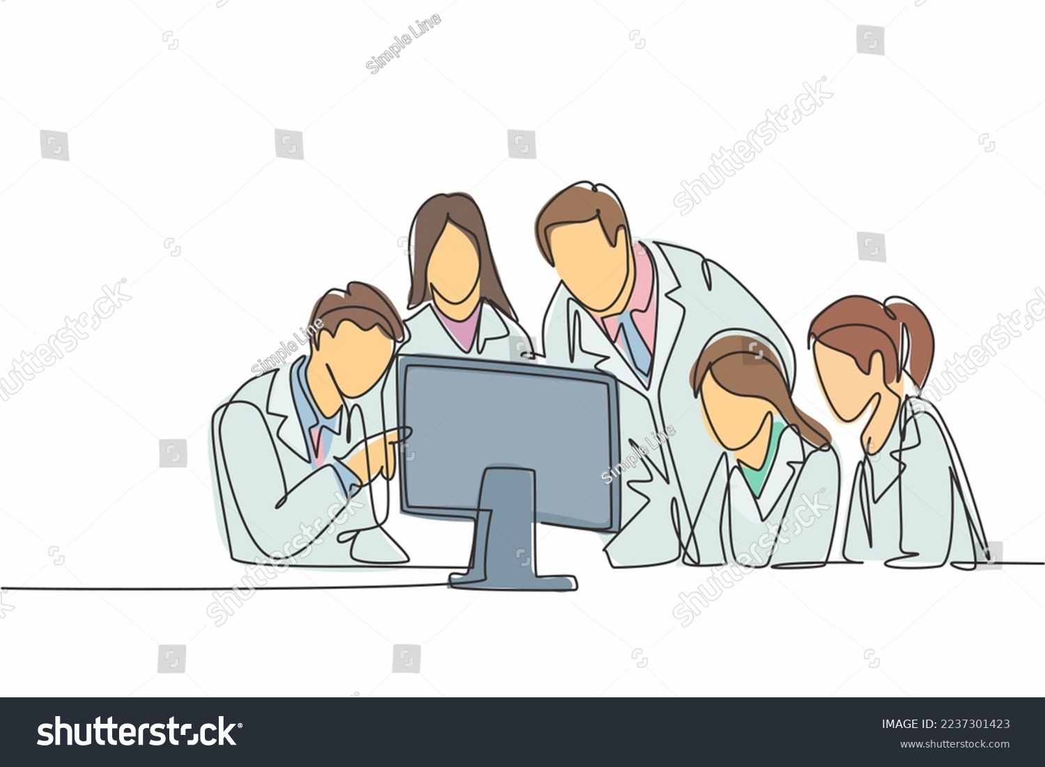 SVG of One continuous line drawing group of male and female doctor discus while watching patient health medical report on computer. Hospital health care concept single line draw design vector illustration svg