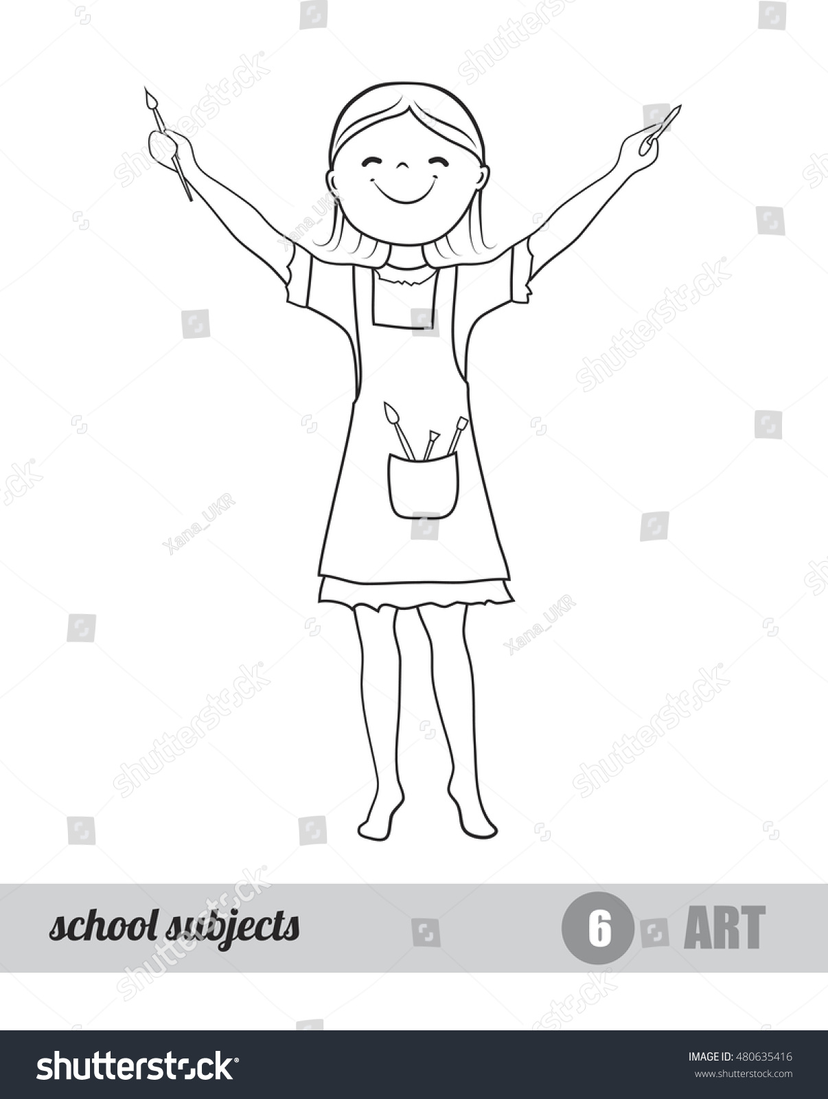 Clip Art Paint Brush Coloring Page one school subjects set art vector stock 480635416 of coloring page girl holding paintbrush and