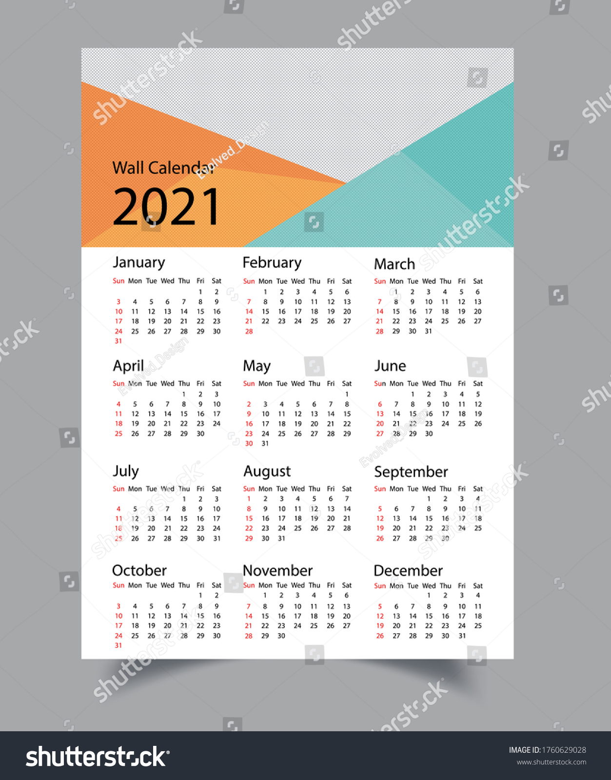 One Page Calendar 2021 Template 2021 Stock Vector Royalty Free 1760629028