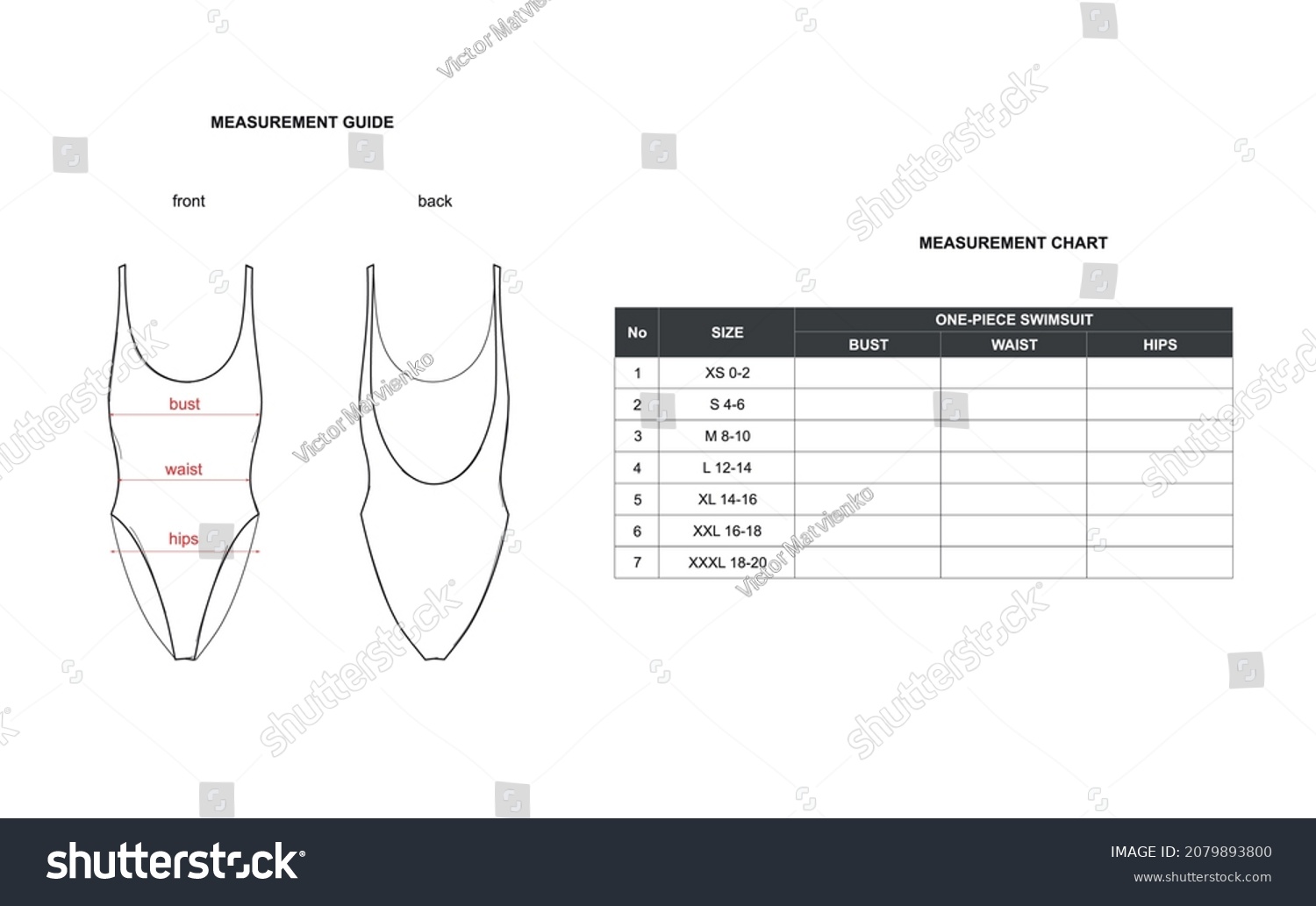 Vektor Stok Onepiece Swimsuit Measurement Guide Chart (Tanpa Royalti