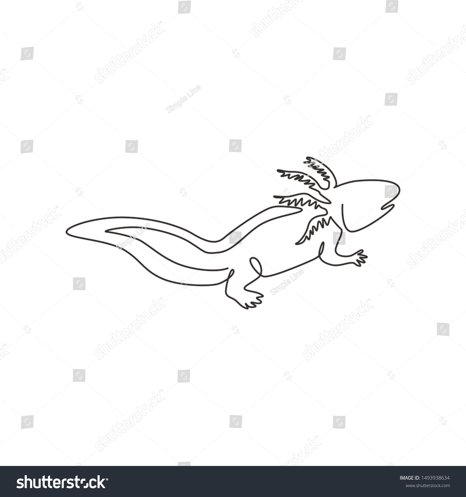 One Single Line Drawing Adorable Axolotl Stock Vector Royalty Free