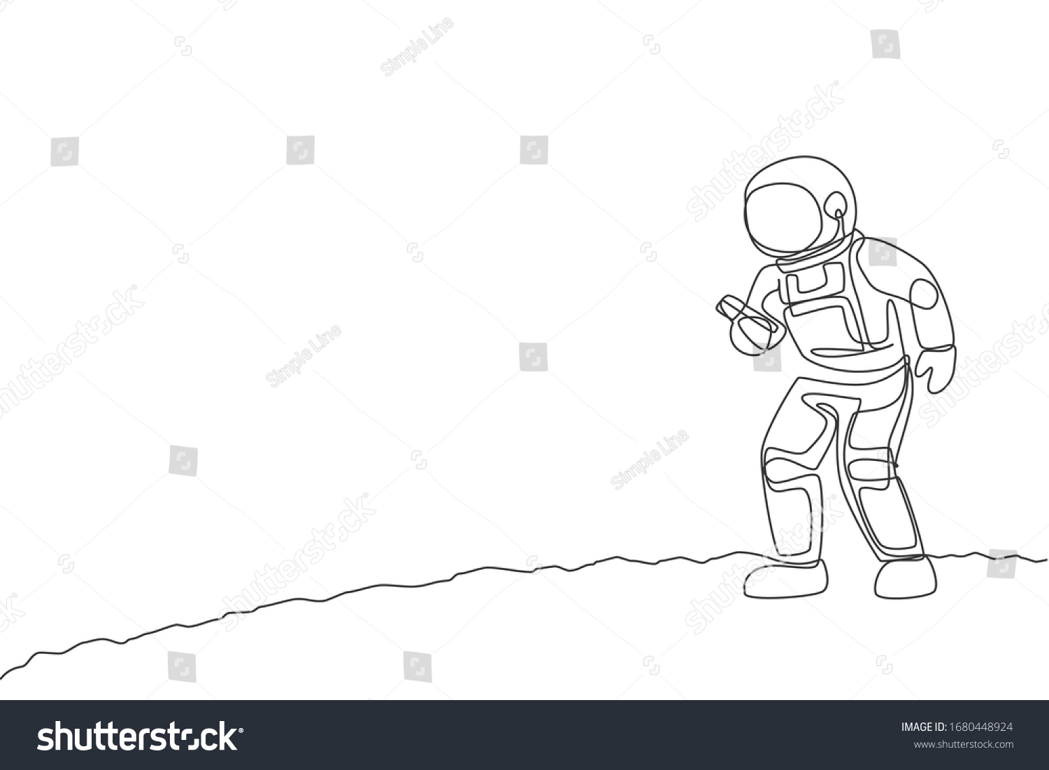 One Single Line Drawing Cosmonaut Moon Stock Vector Royalty Free