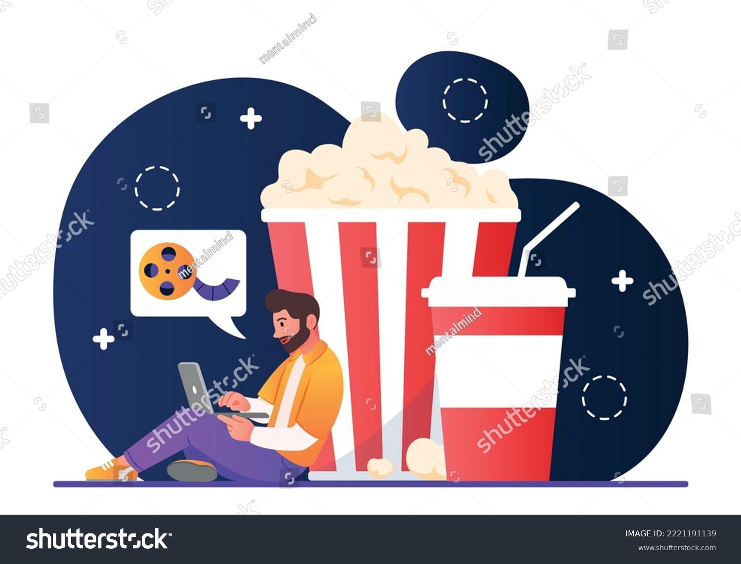 SVG of Online cinema concept. Man sits with laptop near large box of popcorn. Metaphor of entertainment and rest after work. Young guy watches movies and series on Internet. Cartoon flat vector illustration svg