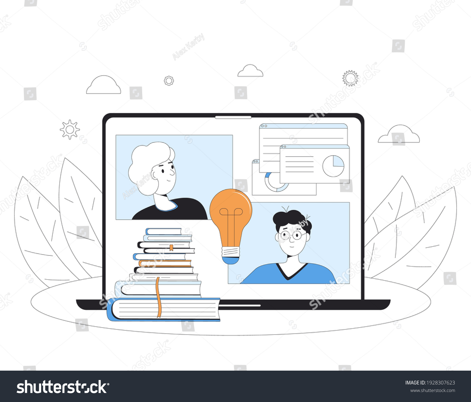 online learning concept laptop, lightbulb, people clip art preview
