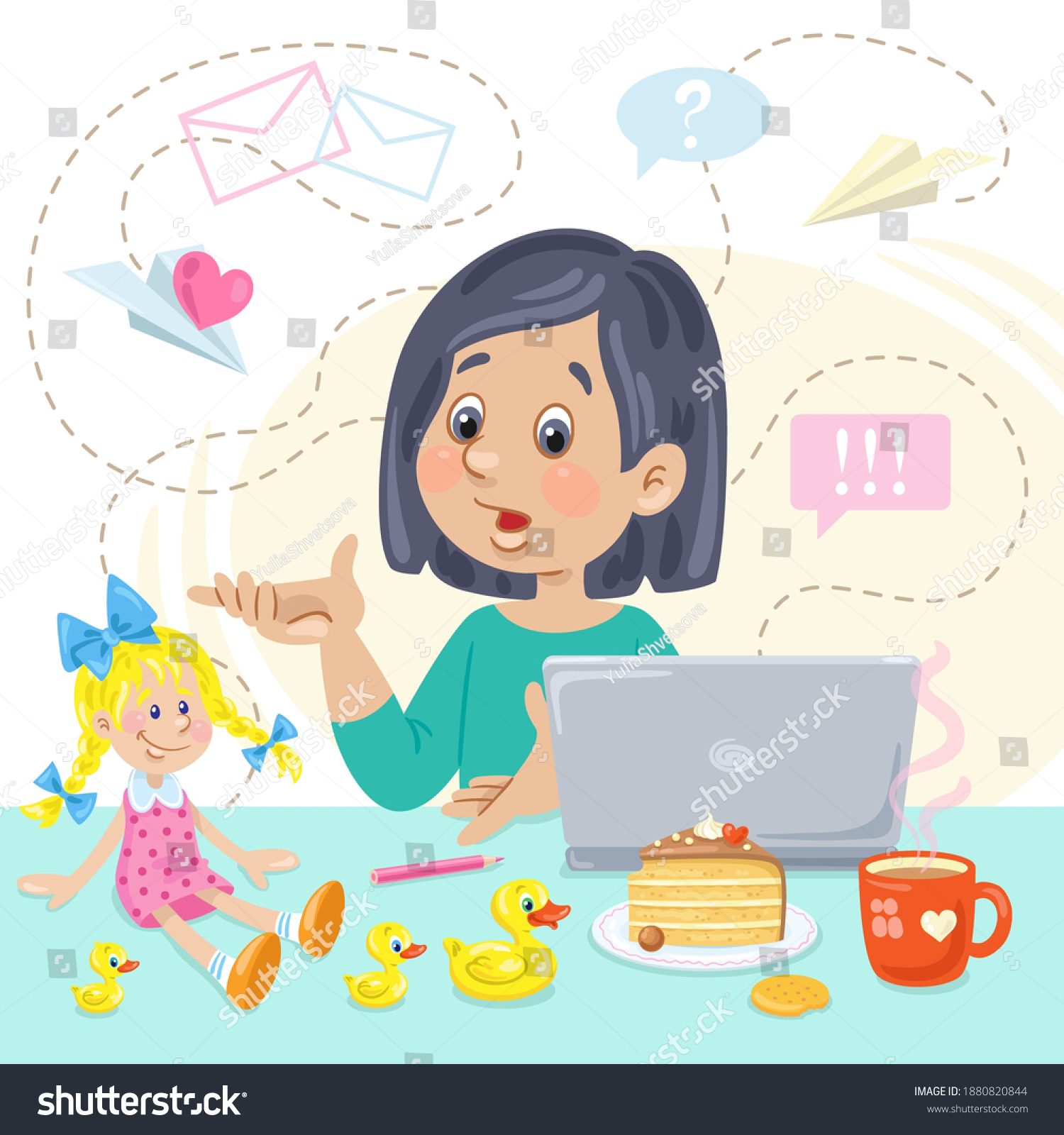 SVG of Online education for children. Cute girl with laptop, food and toys. In cartoon style. Isolated on white background. Vector flat illustration. svg