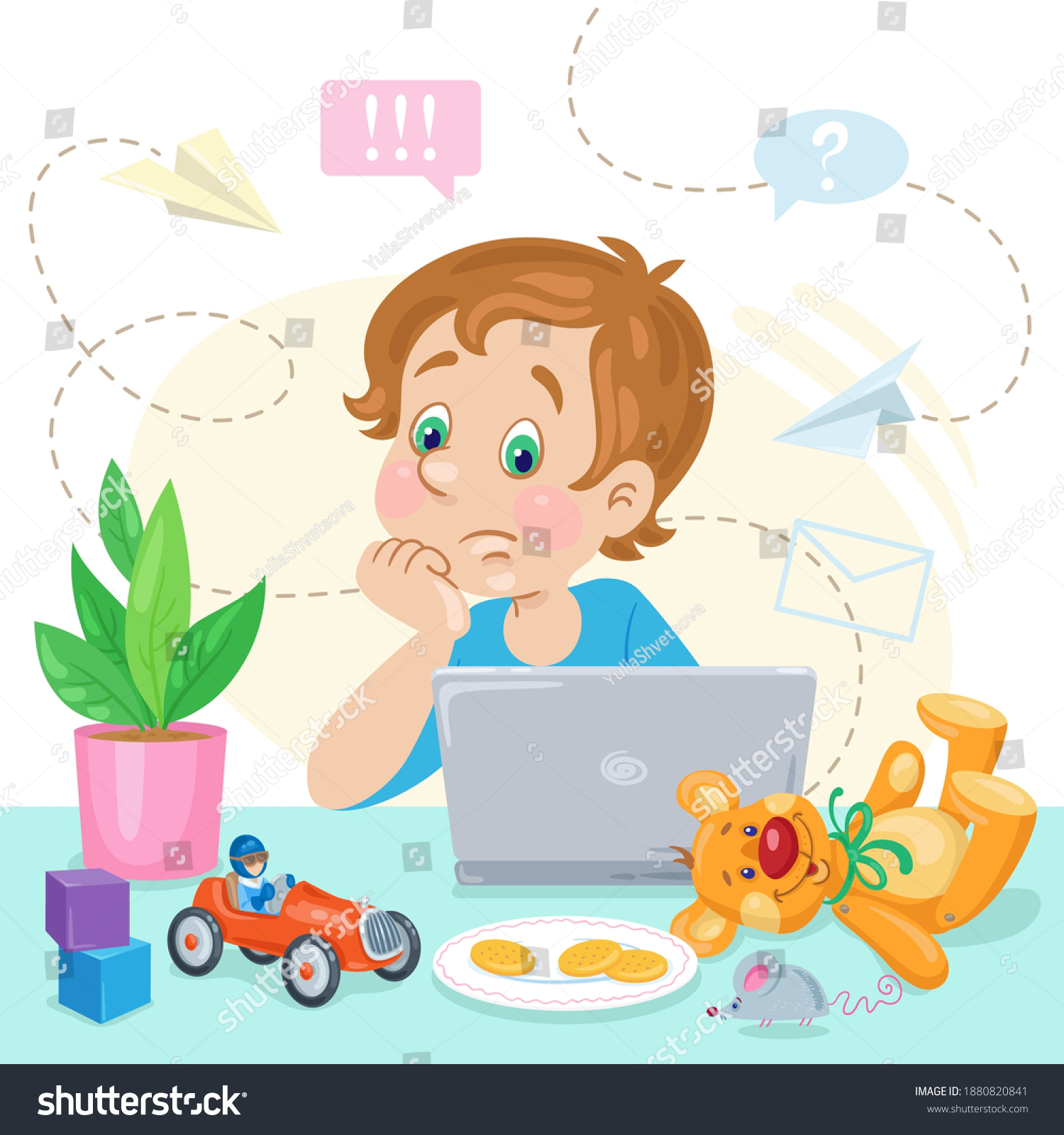SVG of Online education for children. Puzzled boy with laptop, biscuits and toys. In cartoon style. Isolated on white background. Vector flat illustration. svg