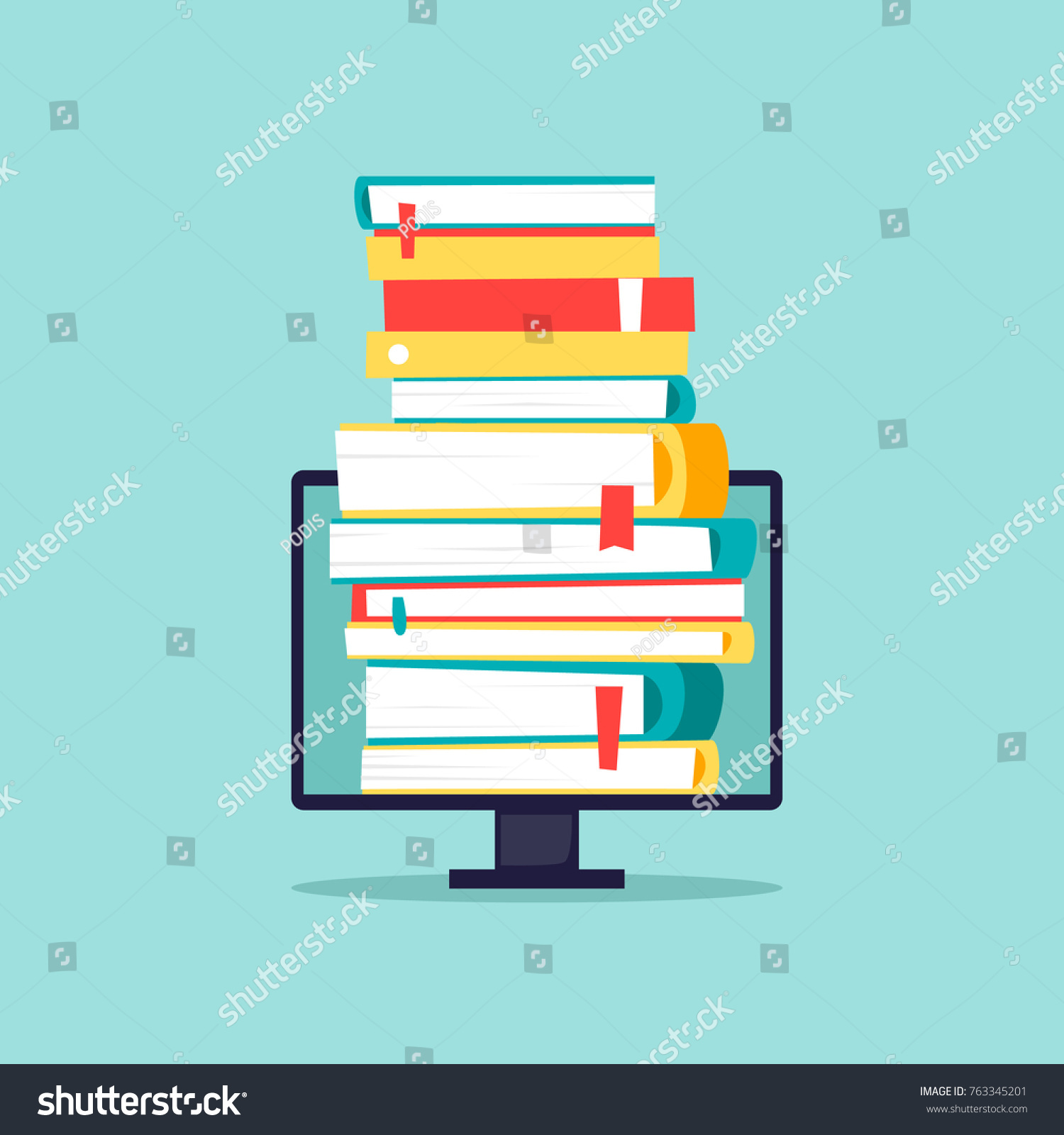 Online library, e-books. Computer with books. Flat design vector illustration.