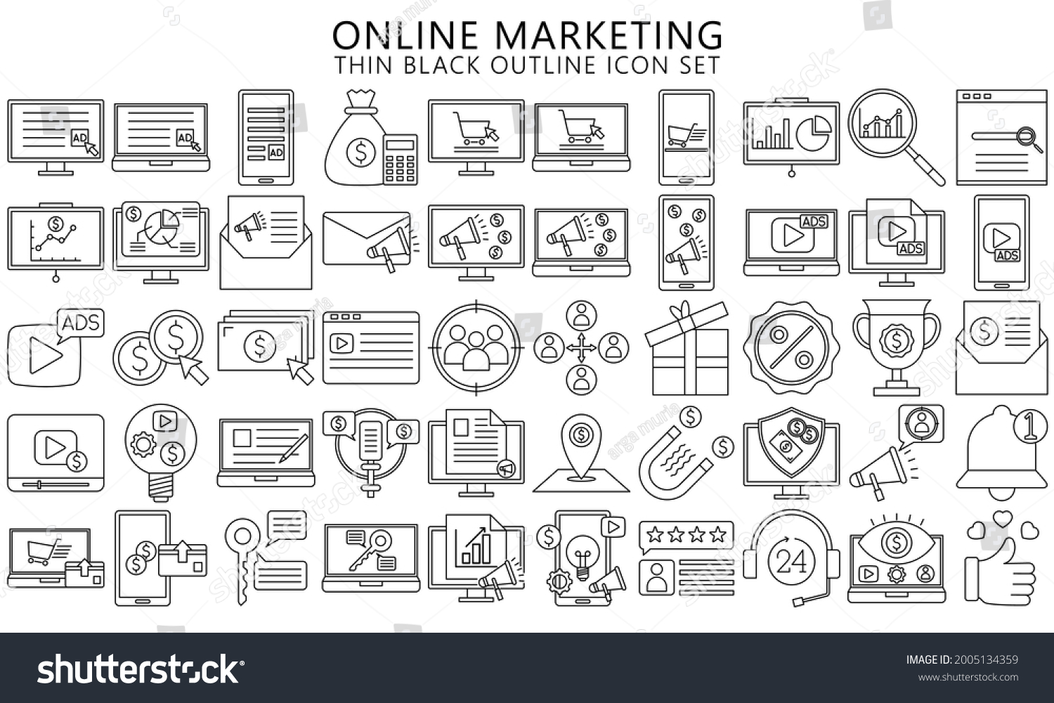 SVG of Online marketing icons thin black outline set, contain such as computer, handphone, diagram, finance symbol, offers. Used for modern concepts, web, and applications. EPS 10 ready to convert to SVG svg