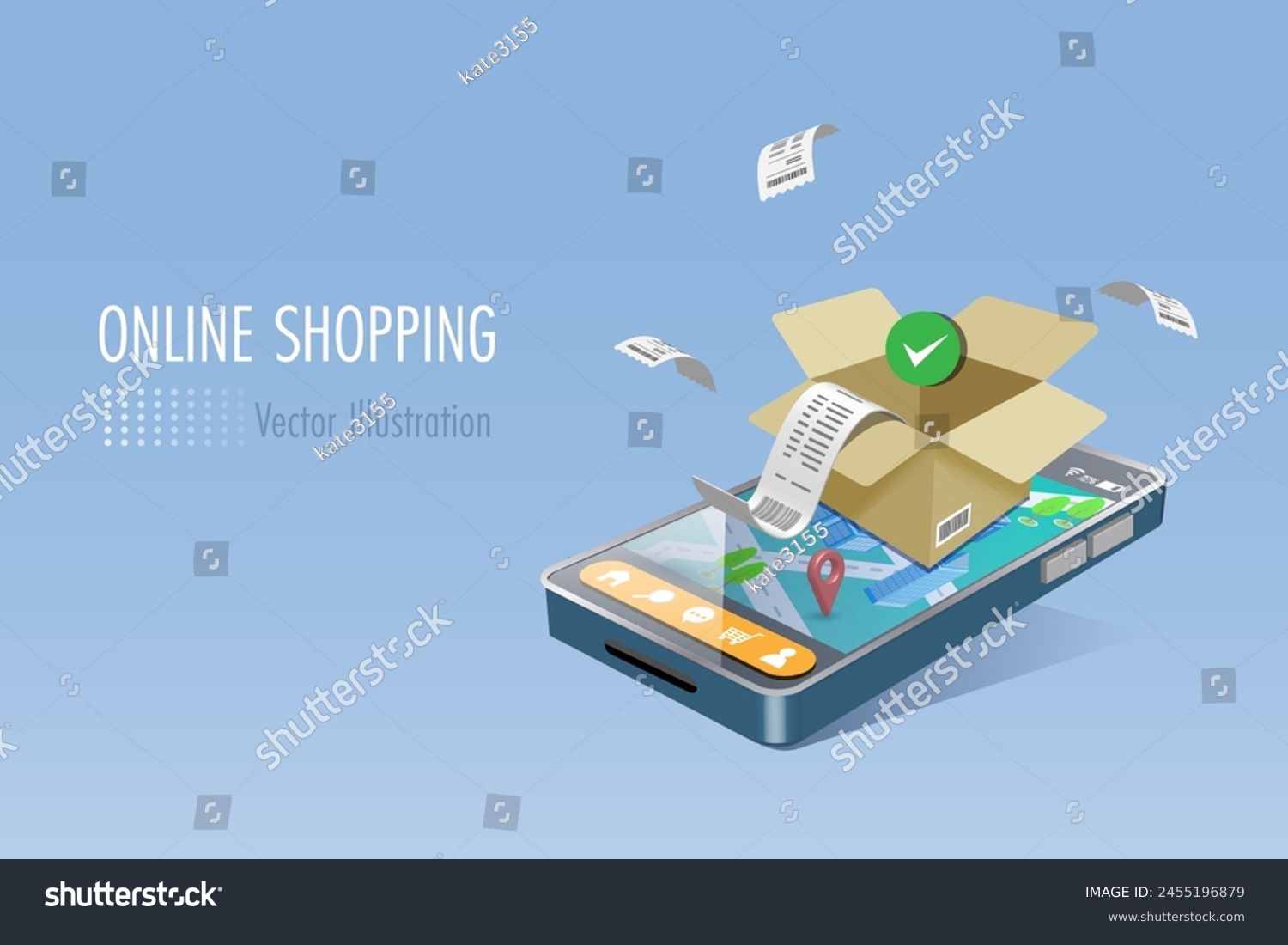 SVG of Online shopping and delivery with guarantee product and service. Open shipping box and bill receipt on smartphone map. Secure money and consumer right protection. 3D vector  from graphic software. svg