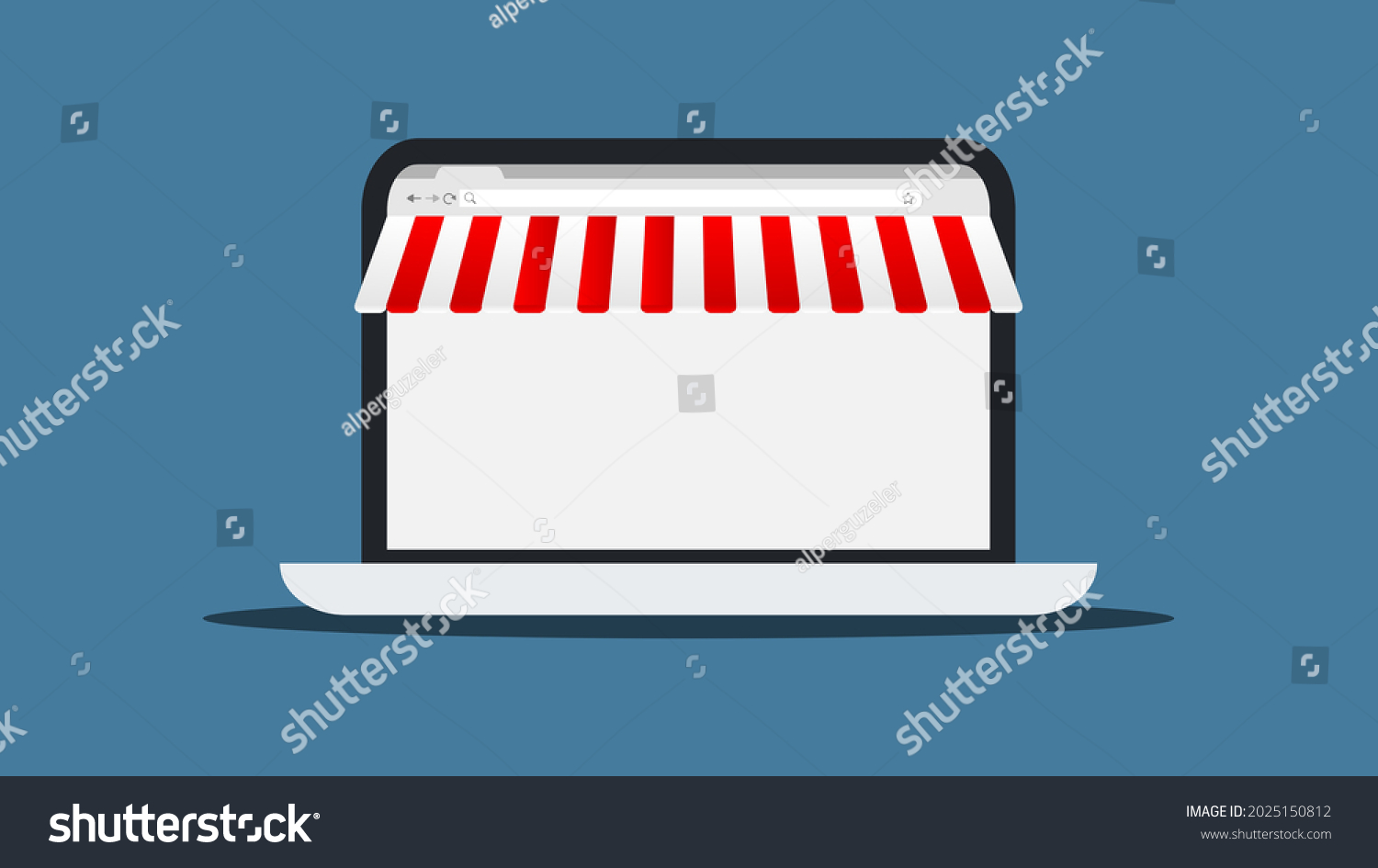 SVG of Online shopping on internet bowser, internet browser with search bar, red and white striped sunshade. Laptop with empty white screen. svg
