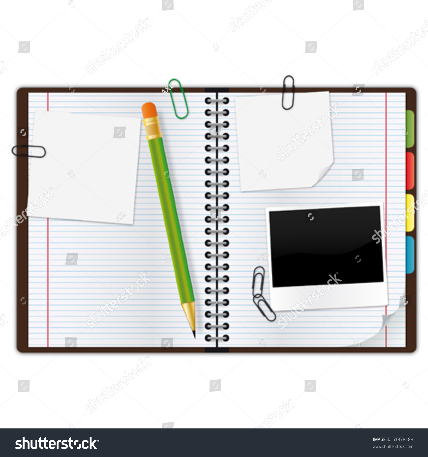 Open Copybook With A Green Pencil, Photograph And Paper Clips. Stock ...