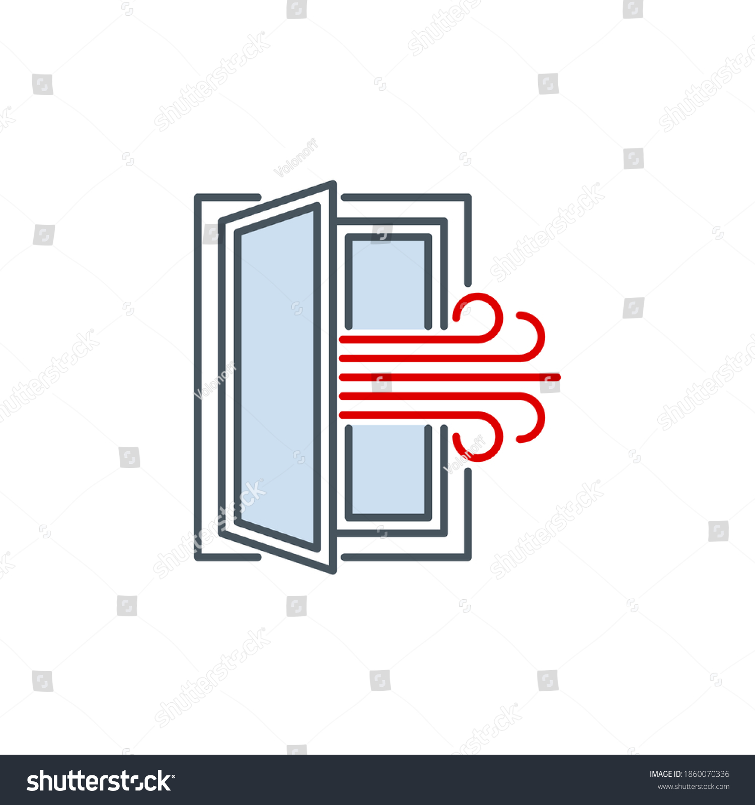 SVG of open window with a stream of fresh air, room ventilation single line icon isolated on white. Perfect outline symbol Coronavirus Covid 19 prevention banner. Quality design element with editable Stroke svg