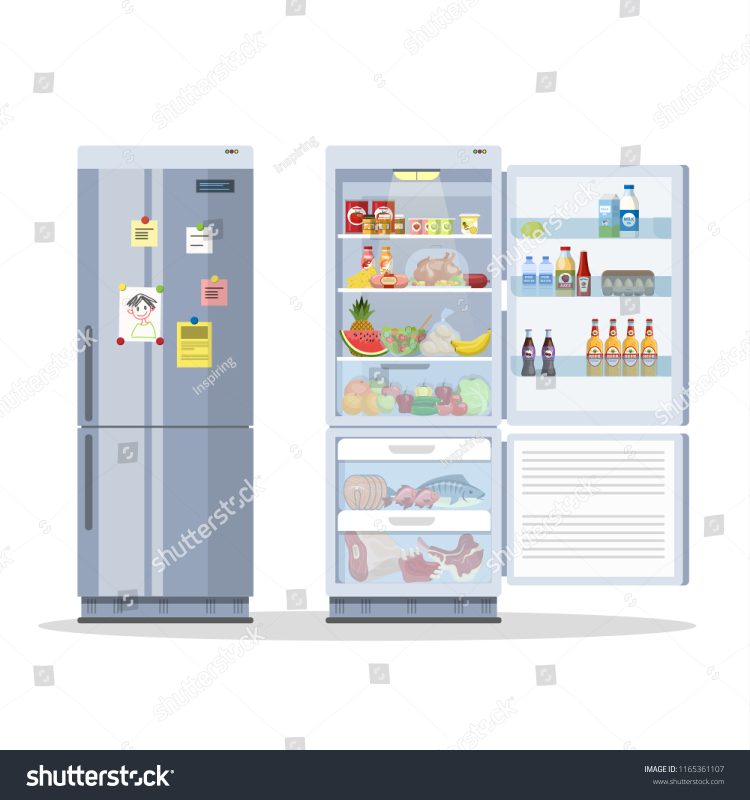 冷蔵庫や冷蔵庫を開け閉めて食べ物を入れる 中には牛乳 果物 野菜