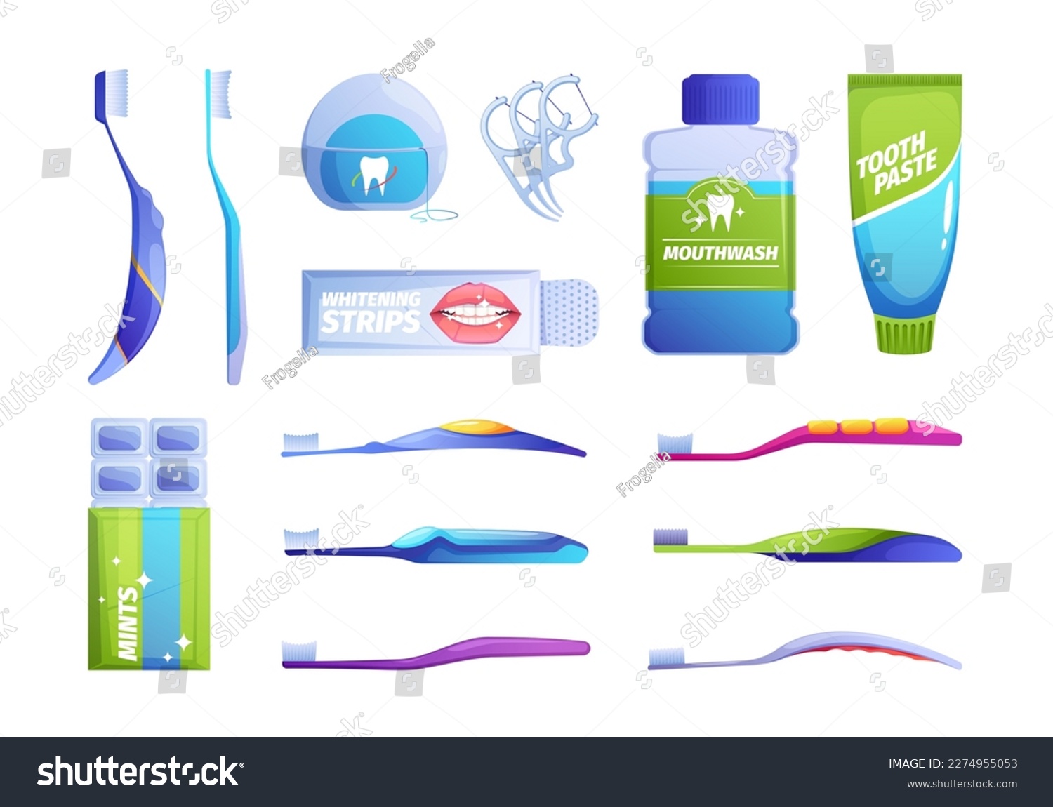 SVG of Oral hygiene products. Mouth cleaning tools, cartoon toothbrush toothpaste floss mouthwash icons, dental care treatment concept. Vector flat set. Whitening strips, mint chewing gum svg