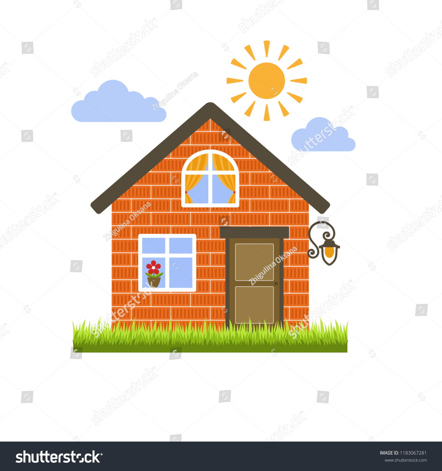 SVG of Orange brick house on the grass. One floor and an attic. A brown door and windows with yellow curtains and a red flower. Sunny day. Flat style. Isolated object on white background. Vector clip art. svg