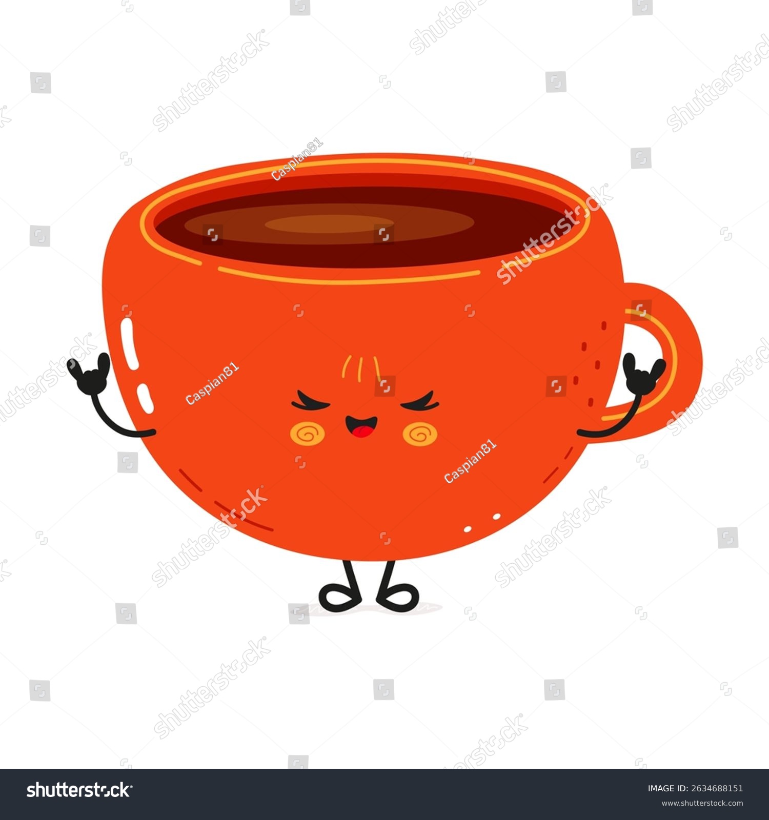 recommend clip art: Orange cartoon Coffee Cup character with funny face showing rock gesture with hands, winking and sticking out tongue