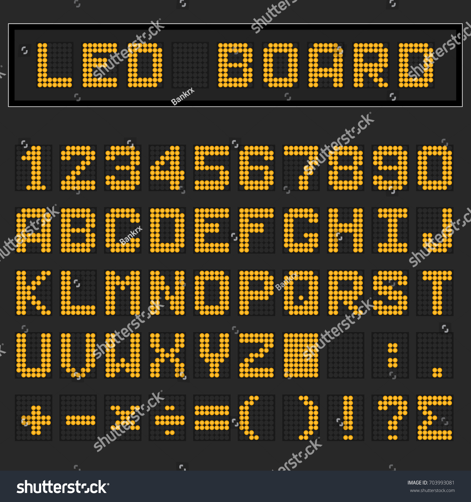 SVG of Orange LED digital english uppercase font, number and mathematics symbol display on black background svg