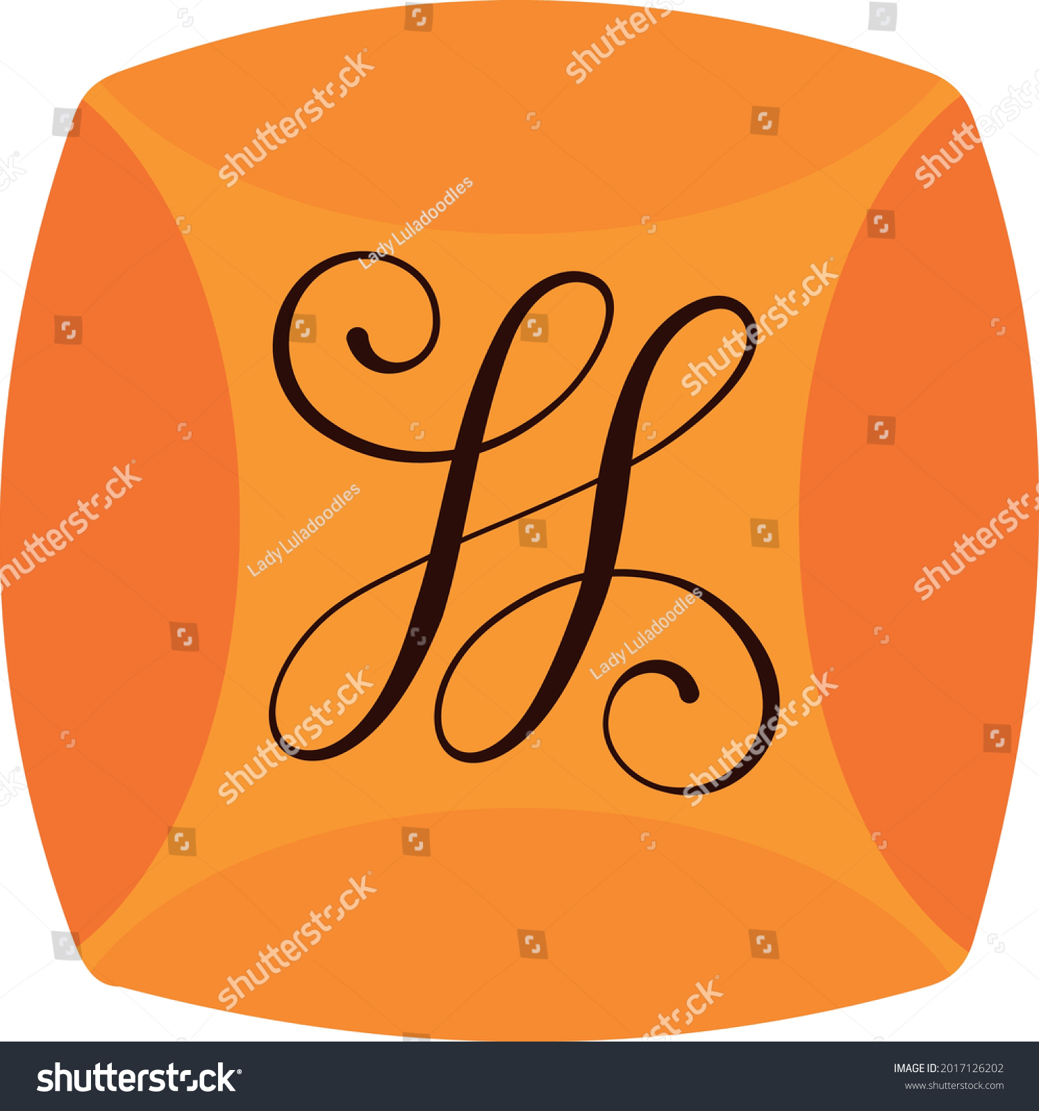 SVG of Orange round square cushion style Chocolate candy with shading and dark brown flourished decoration. Layered confectionery SVG svg