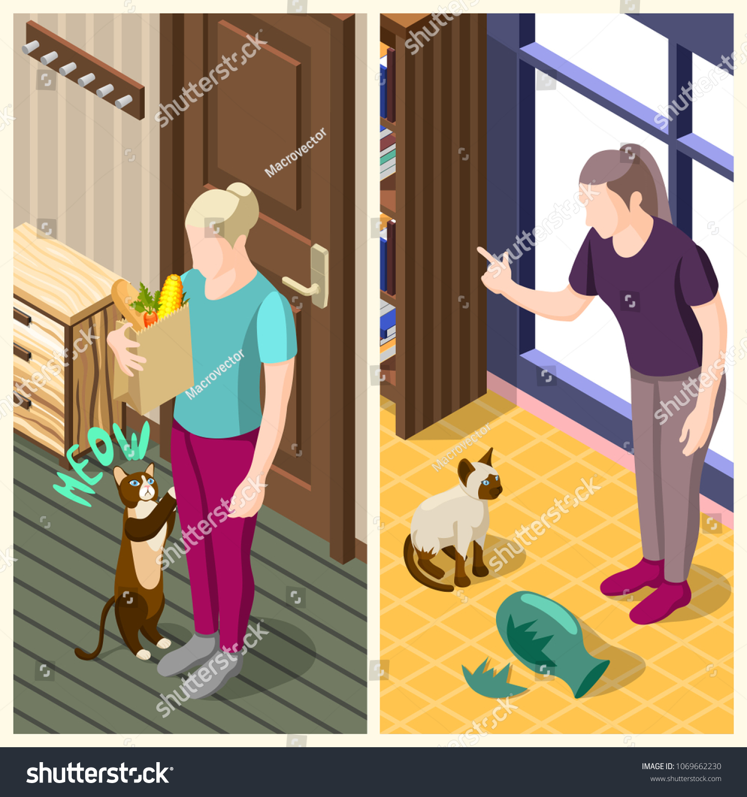 SVG of Ordinary life of man and his cat vertical isometric banners with home interior isolated vector illustration  svg