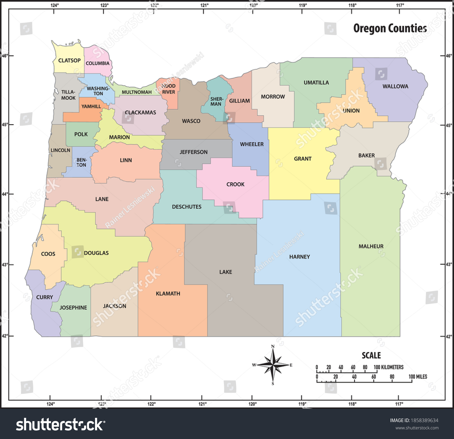 Oregon Map Political Map Of Oregon With Boundaries In Outline Posters ...