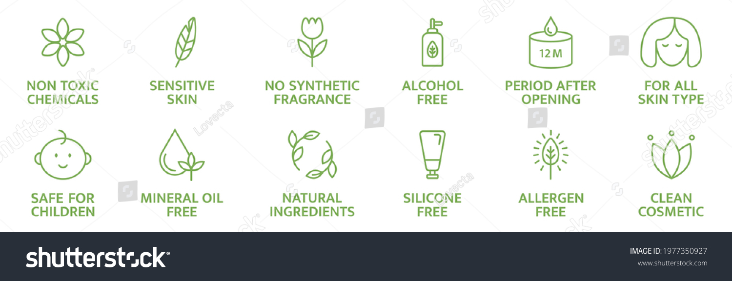 SVG of Organic and natural cosmetic line icons. Skincare symbol. Allergen free badges. Beauty product. Gluten and paraben free cosmetic. Non toxic logo. Eco, vegan label. Sensitive skin. Vector illustration. svg