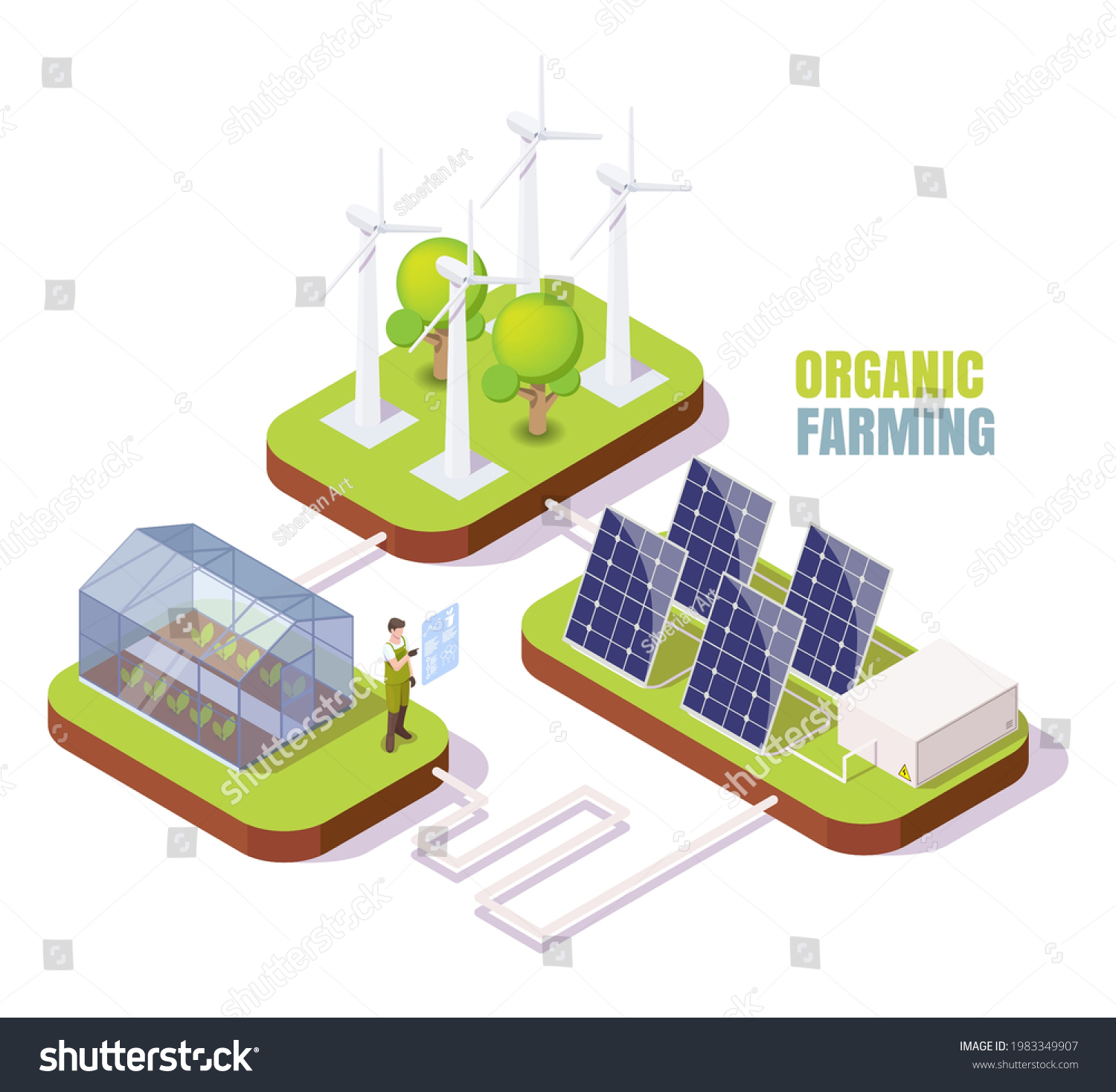 SVG of Organic farming. Greenhouse, wind turbines and solar panels, flat vector isometric illustration. Glasshouse using clean energy from sun and wind. Green alternative energy. Eco farm. svg