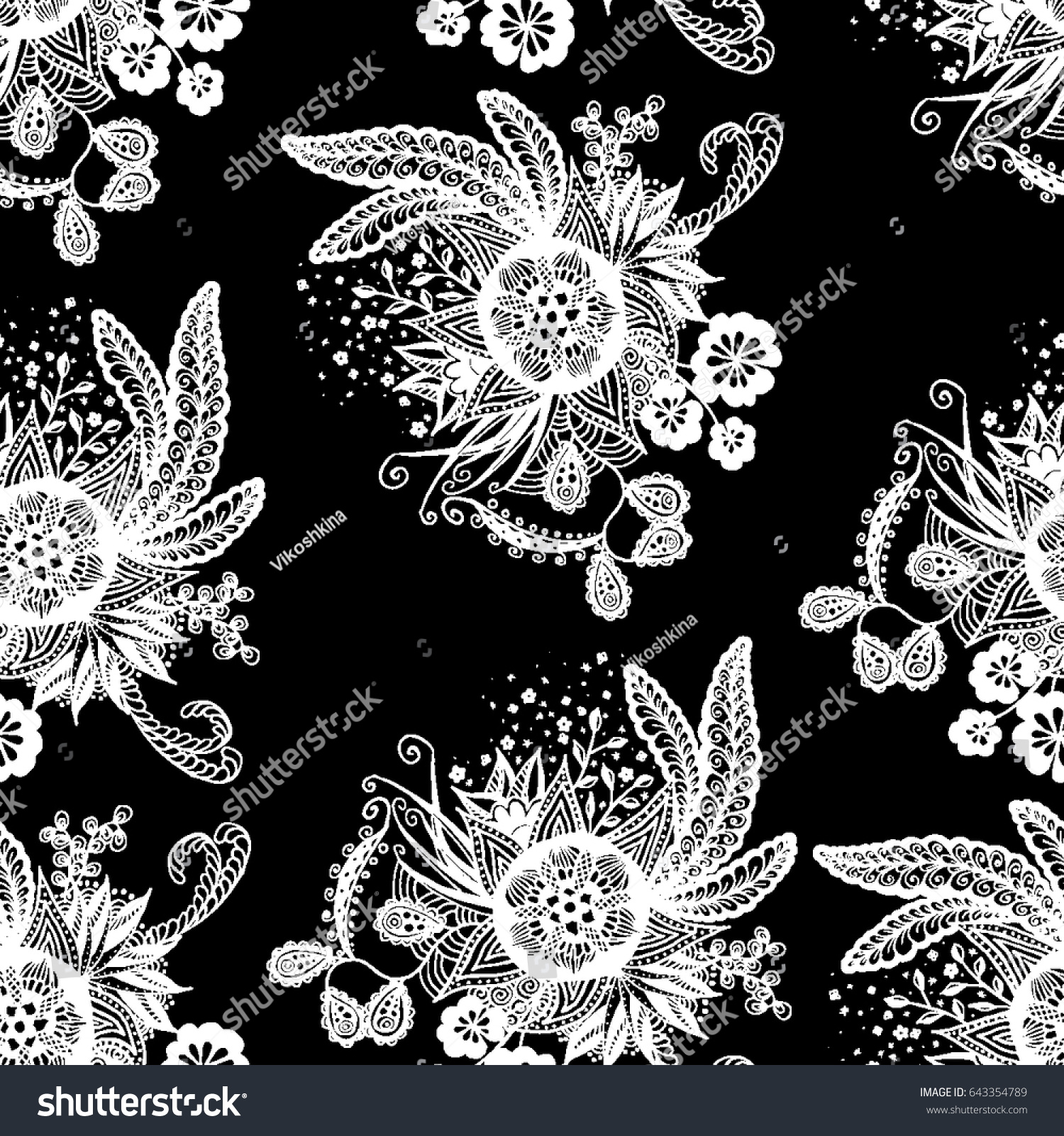 Orient Seamless Pattern Floral Zentangle White Stock Vector Royalty Floral Zentangle with White Motives on Black Background Dark Pattern for