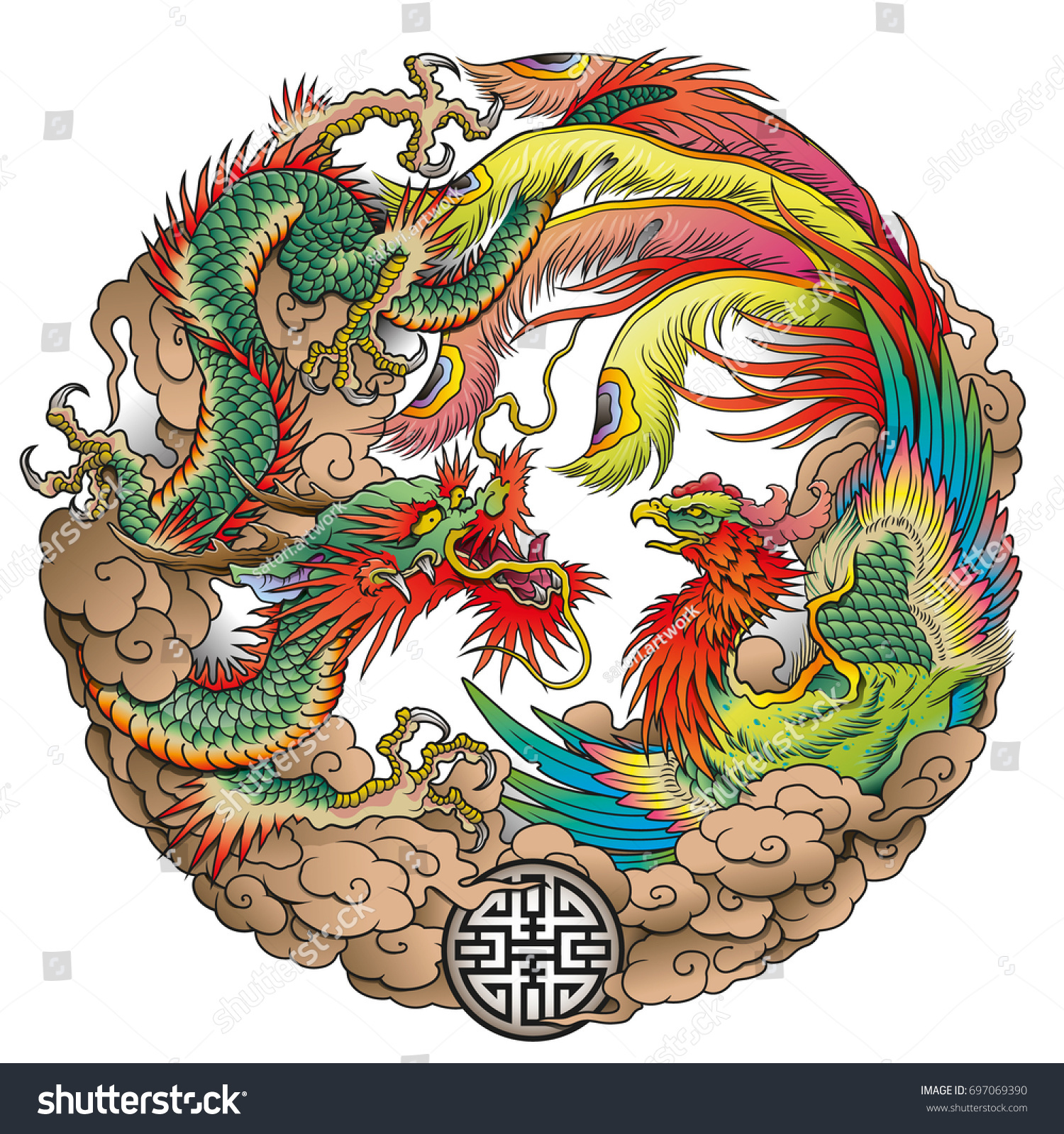 oriental-dragon-phoenix-circle-color-stock-vector-royalty-free-697069390