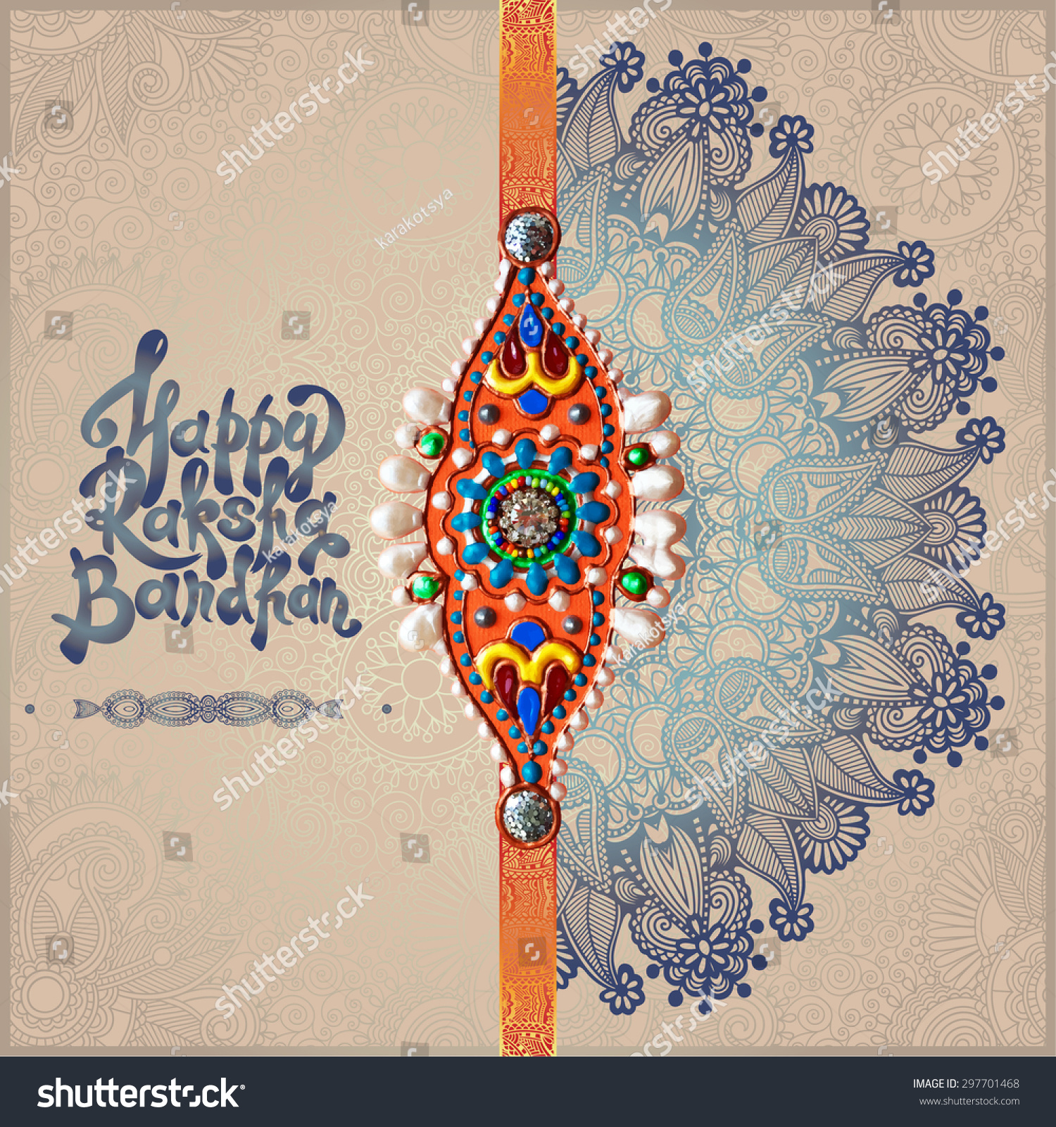 SVG of original handmade rakhi on floral background with lettering Happy Raksha Bandhan for indian festival sisters and brothers, vector illustration svg