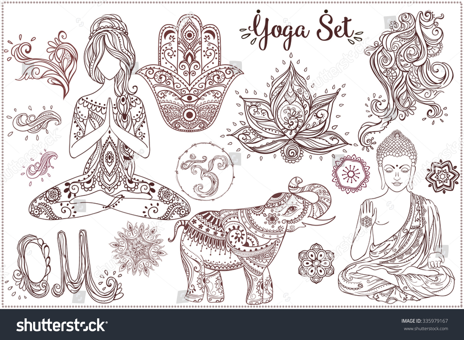 SVG of Ornament beautiful card with Set Vector yoga. Geometric element hand drawn. Girls in yoga pose and ornaments, Buddha, chakra, elephants, hamsa, om sign, mandalas, kaleidoscope,  medallion, yoga, india svg