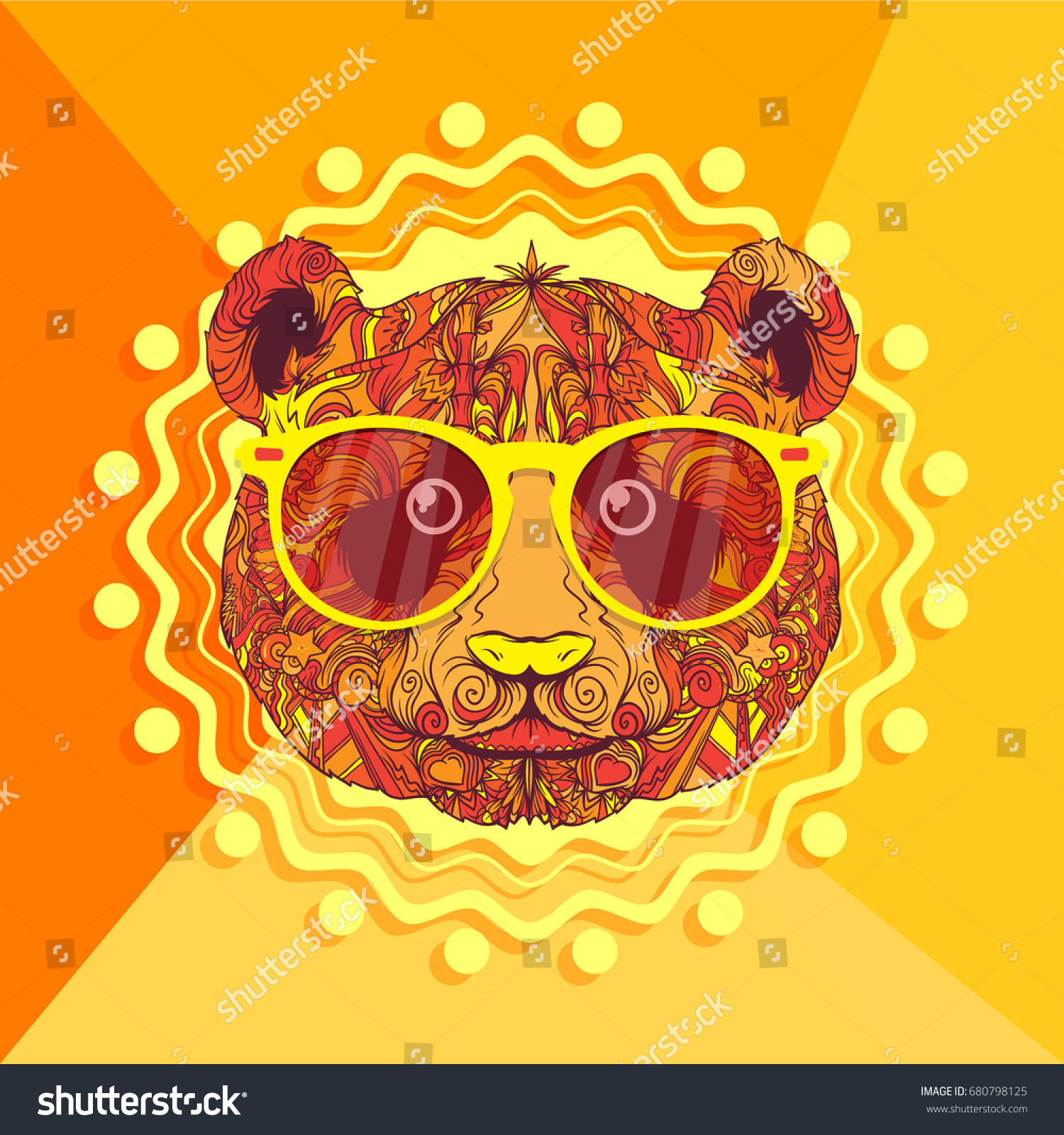 SVG of Ornament face of styled panda with yellow fashion eyeglasses, vector illustration isolated on yellow abstract background, mandala style, line art svg