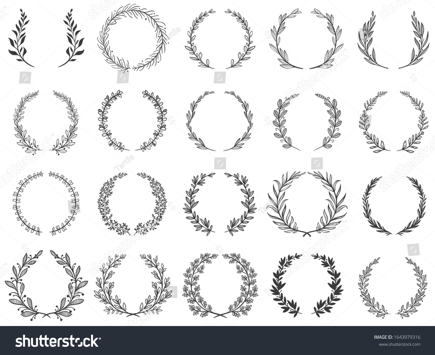 SVG of Ornamental branch wreathes. Laurel leafs wreath, olive branches and round floral ornament frames vector set. Bundle of victory or triumph symbols, natural decorative design elements with bay foliage. svg