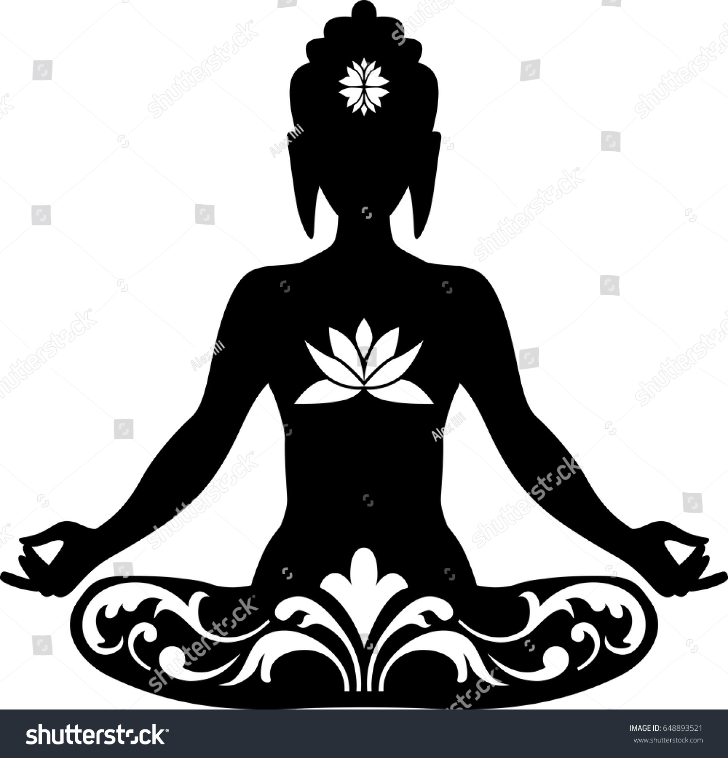 black buddha silhouette meditating with lotus flowers clip art preview