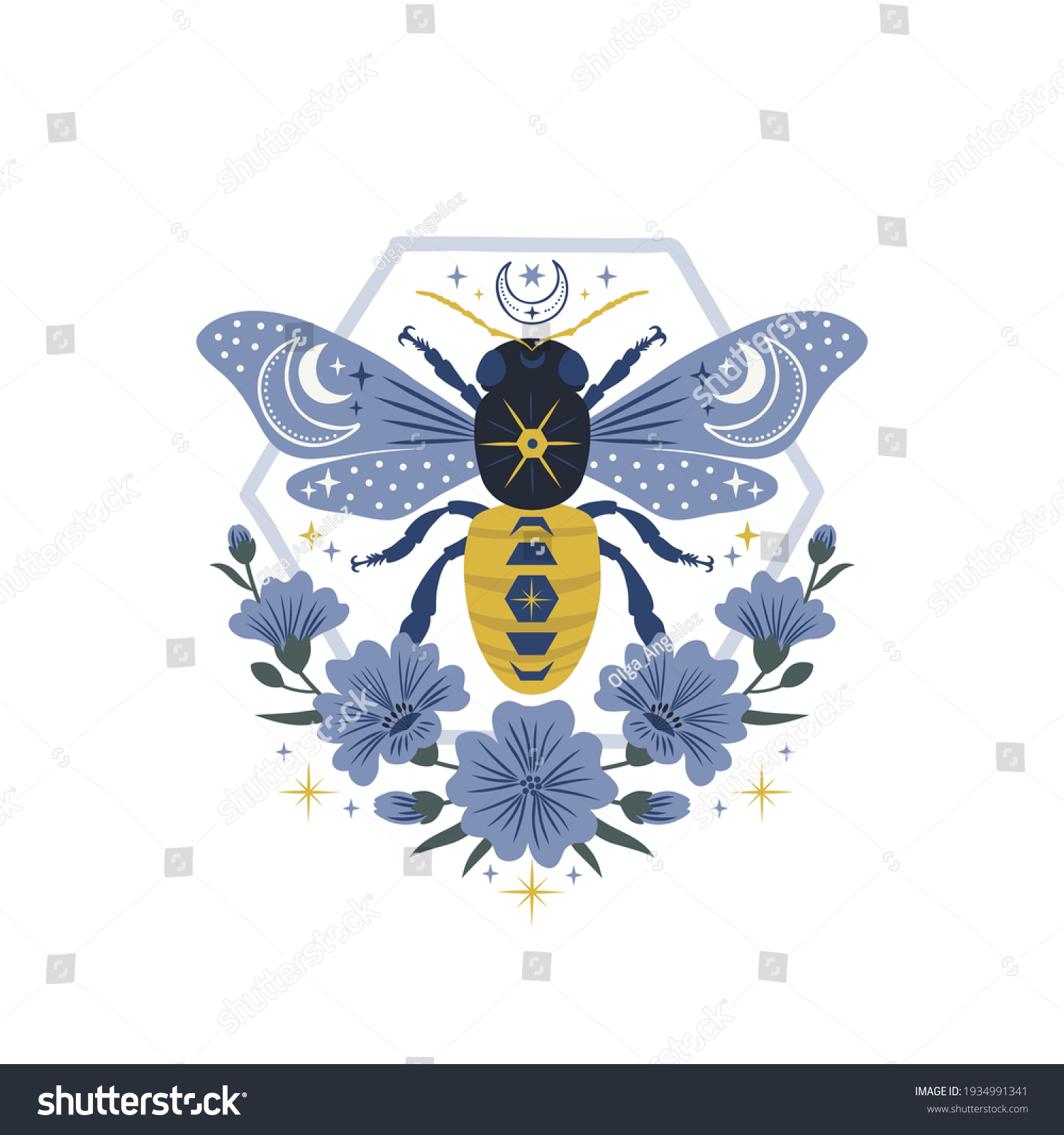 SVG of Ornate cosmic bee with celestial ornament in floral frame vector illustration. Symmetrical honeybee folk art emblem. Apiculture decorative folksy ornament.  svg