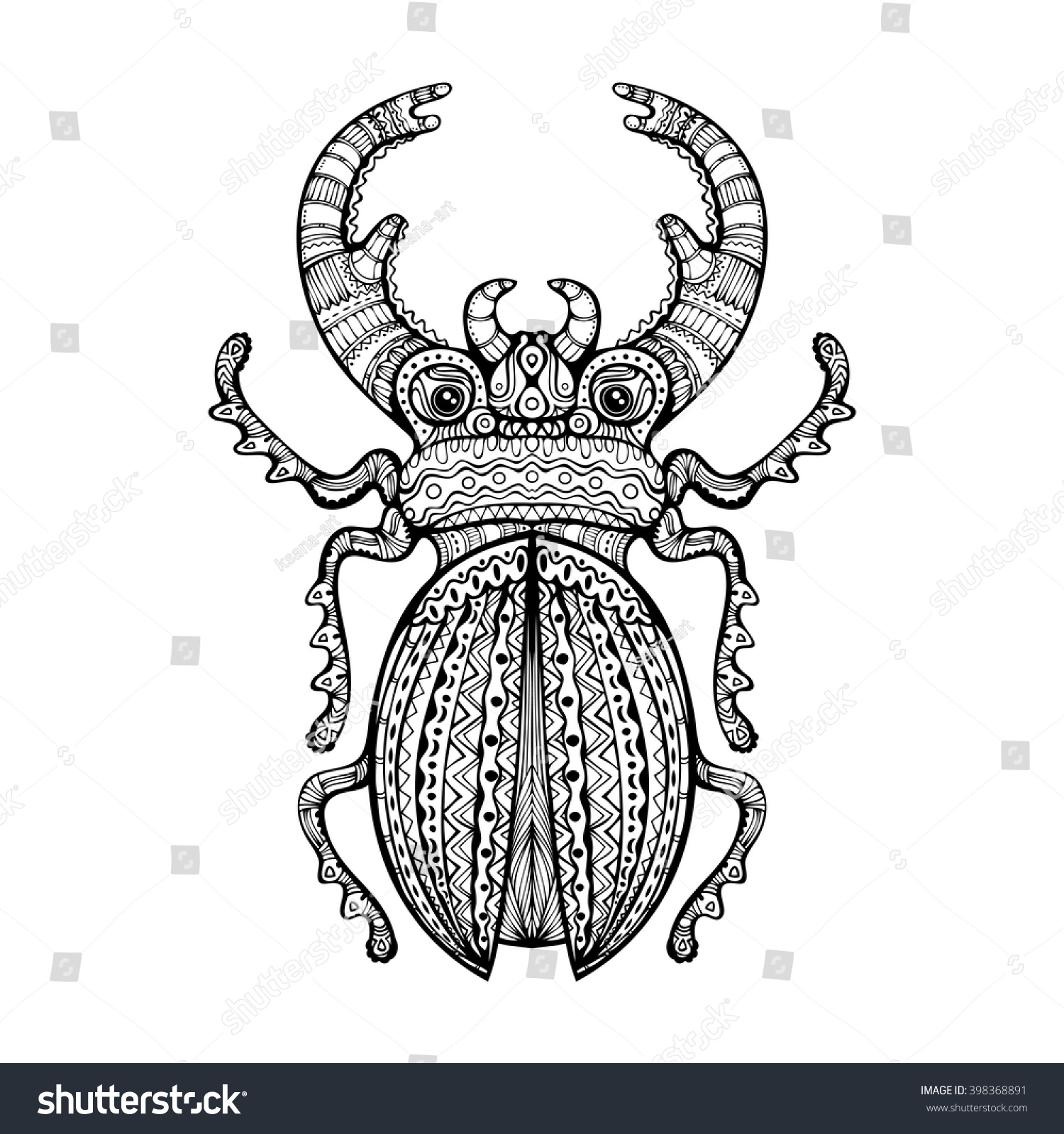 Ornate Giant Stag Beetle. Black And White Decorative Fancy Insect Hand ...