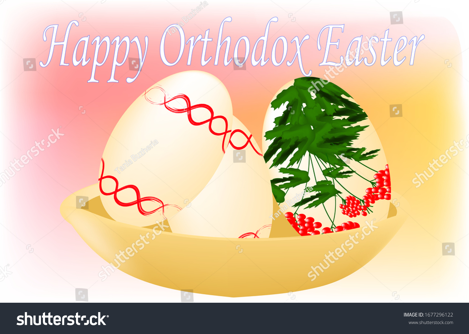 SVG of Orthodox Easter holiday card, three colored eggs in a bowl, viburnum and vishivanka, on a red-orange background svg