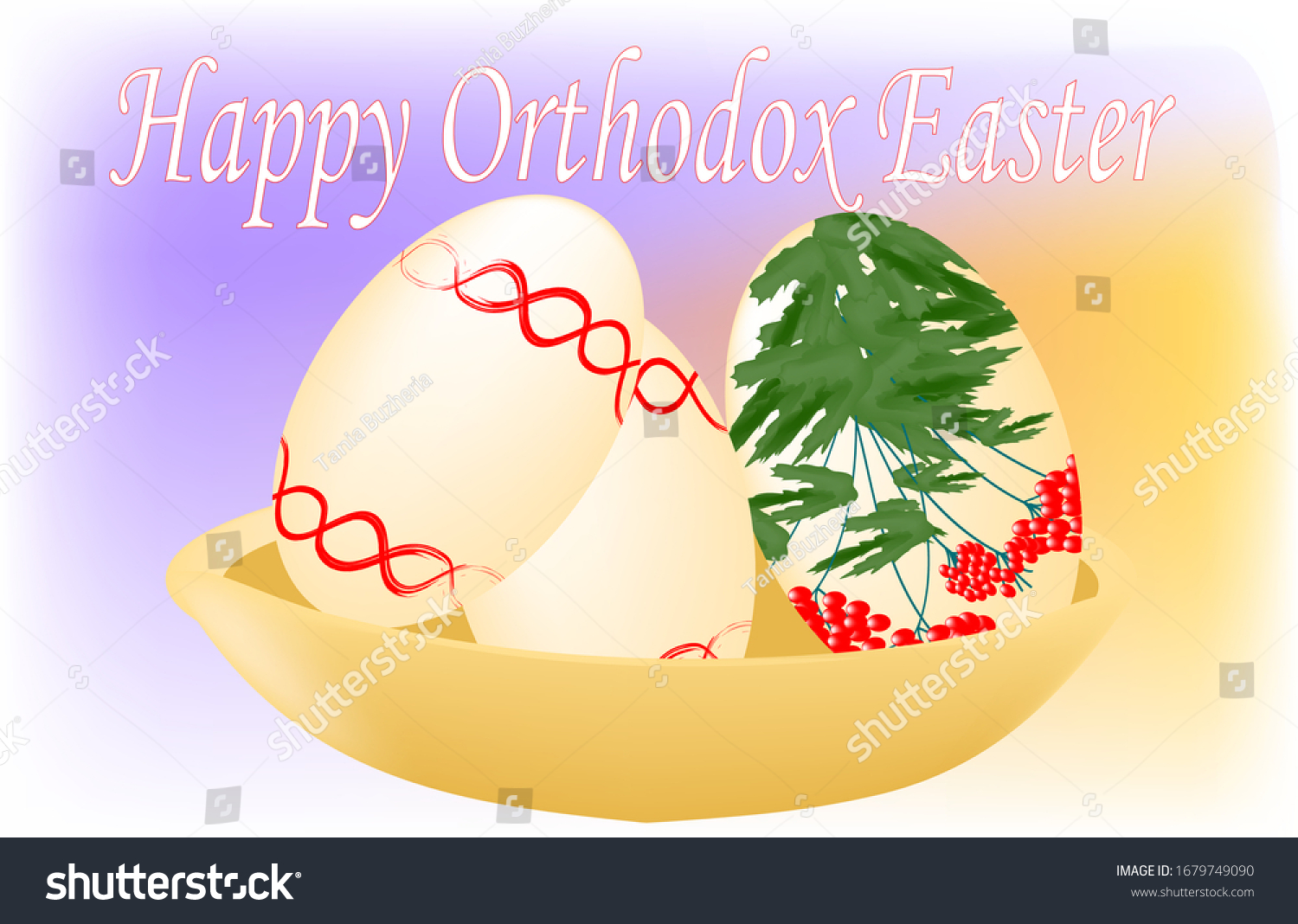 SVG of Orthodox Easter holiday card, three colored eggs in a bowl, viburnum and vishivanka, on purple-orange background svg