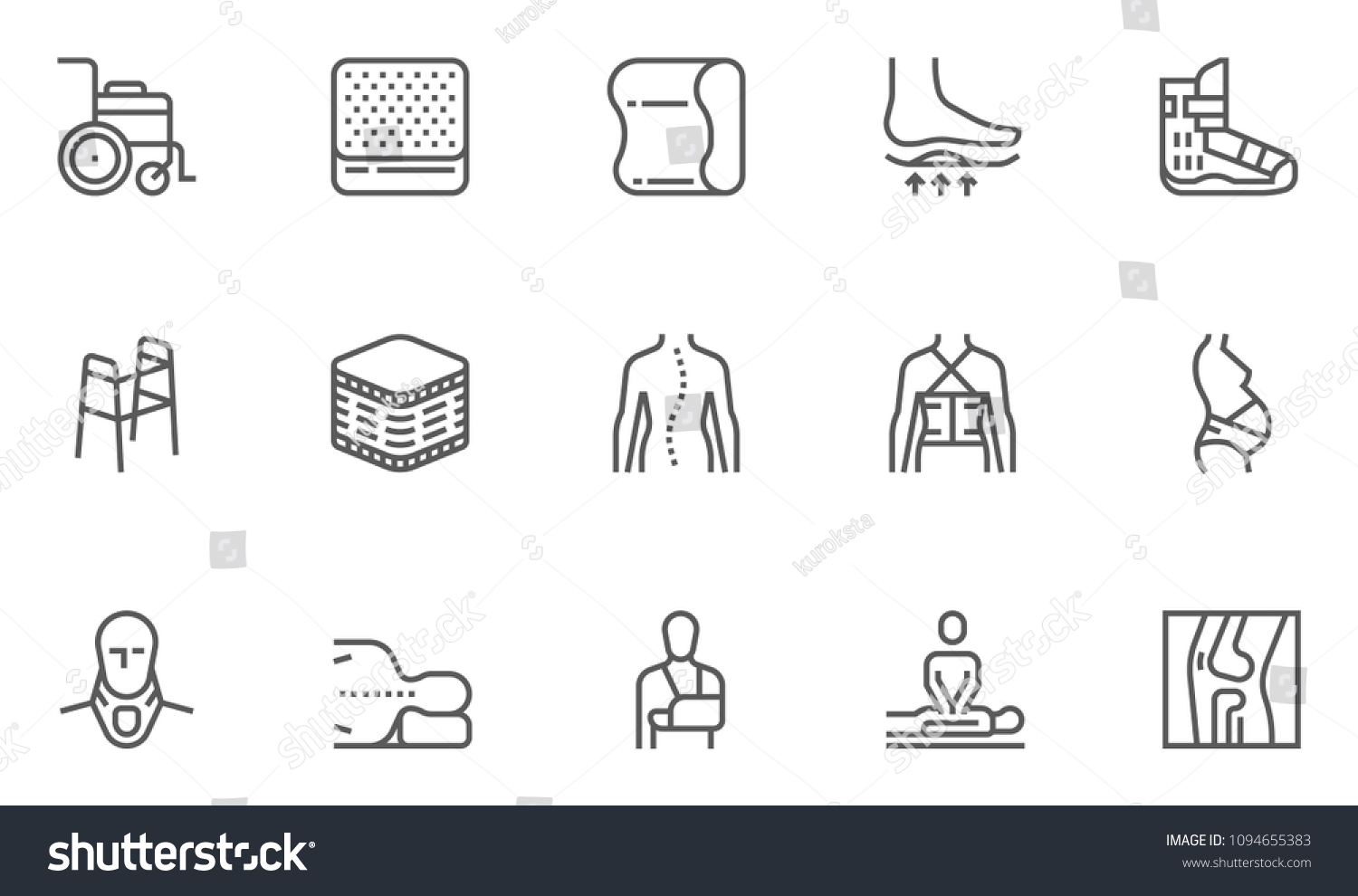 SVG of Orthopedic and trauma rehabilitation Vector Line Icons Set. Orthopedics Mattress Pillow, Cervical Collar, Walkers and Other Medical Rehab Goods. . Editable Stroke. 48x48 Pixel Perfect. svg