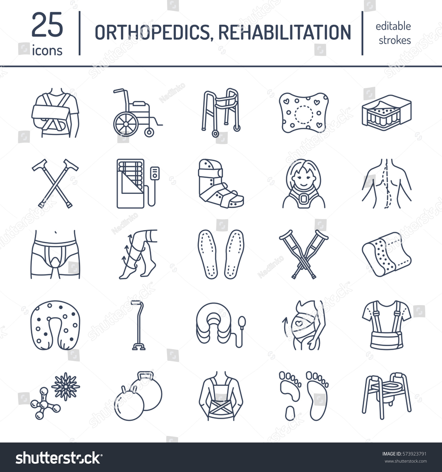 SVG of Orthopedic, trauma rehabilitation line icons. Crutches, orthopedics mattress pillow, cervical collar, walkers and other medical rehab goods. Health care thin linear signs for clinic and hospital svg