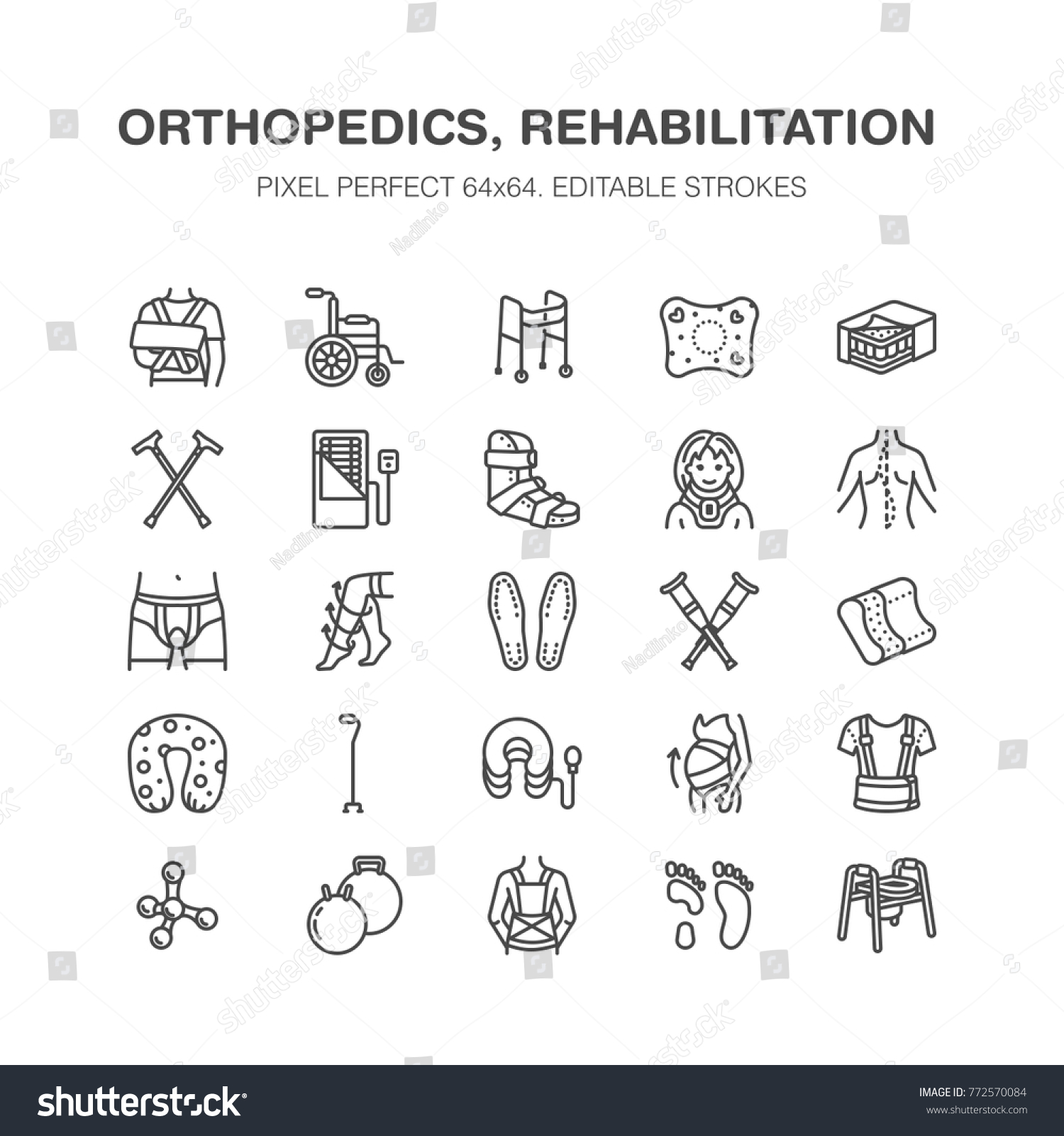 SVG of Orthopedics, trauma rehabilitation line icons. Crutches, mattress pillow, cervical collar, walkers, medical rehab goods. Health care thin linear signs for clinic and hospital. Pixel perfect 64x64. svg