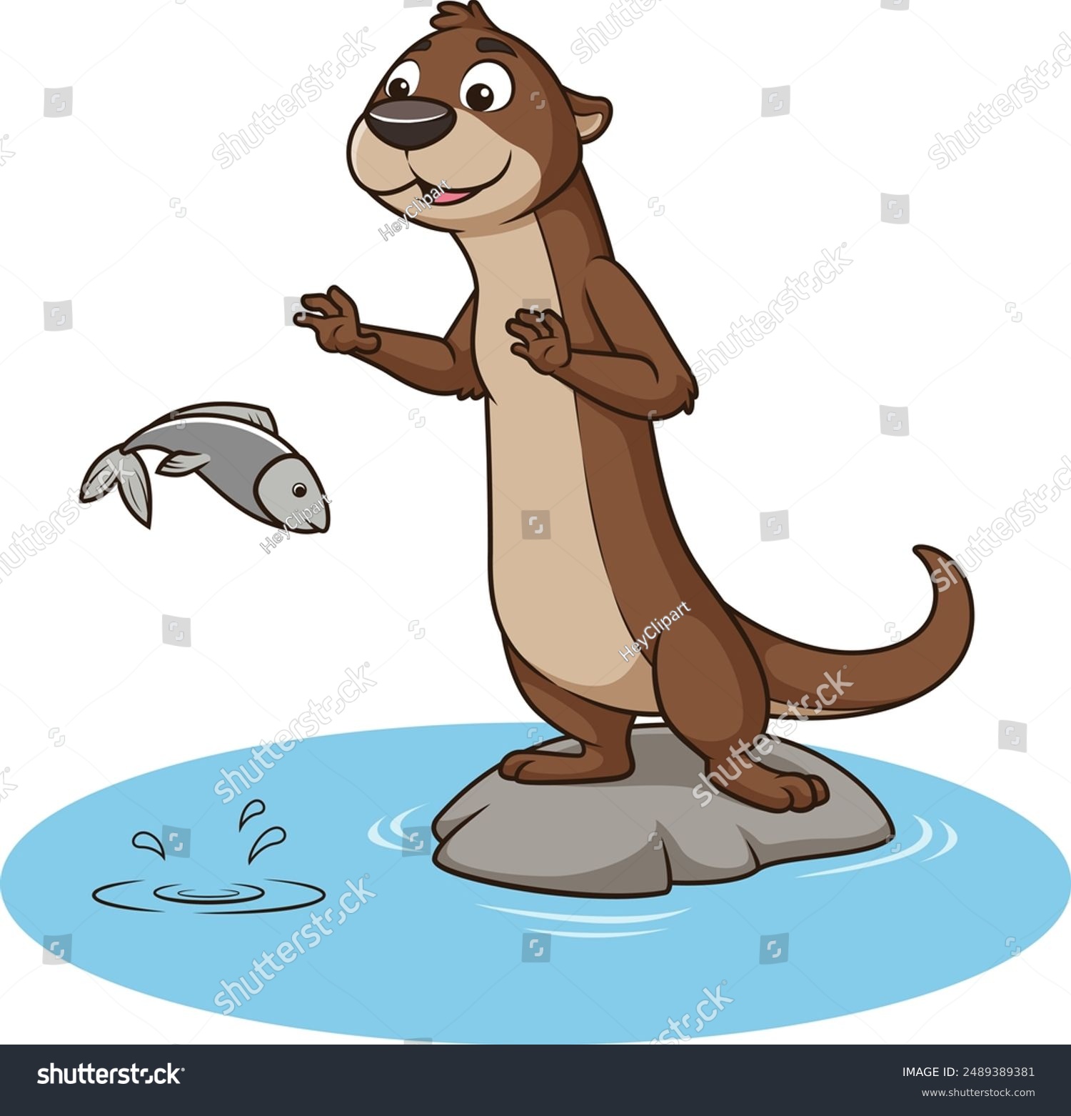 brown otter catching fish on rock clip art preview