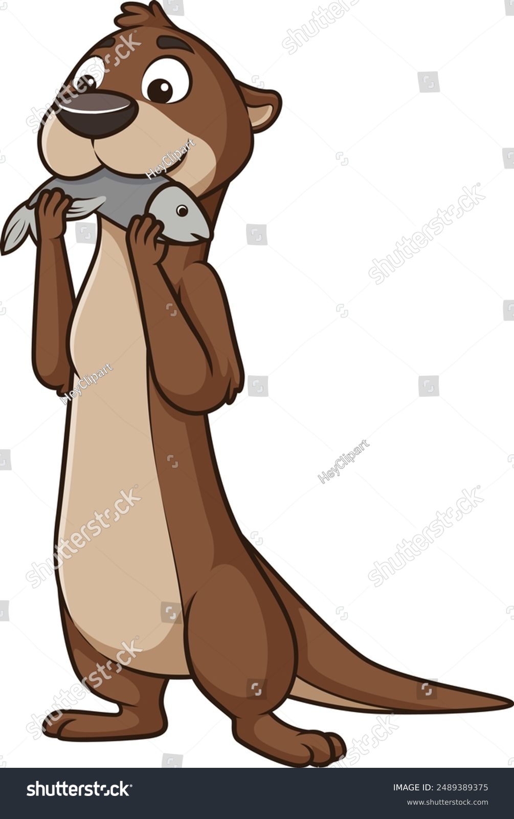 cartoon otter holding fish, brown, standing clip art preview