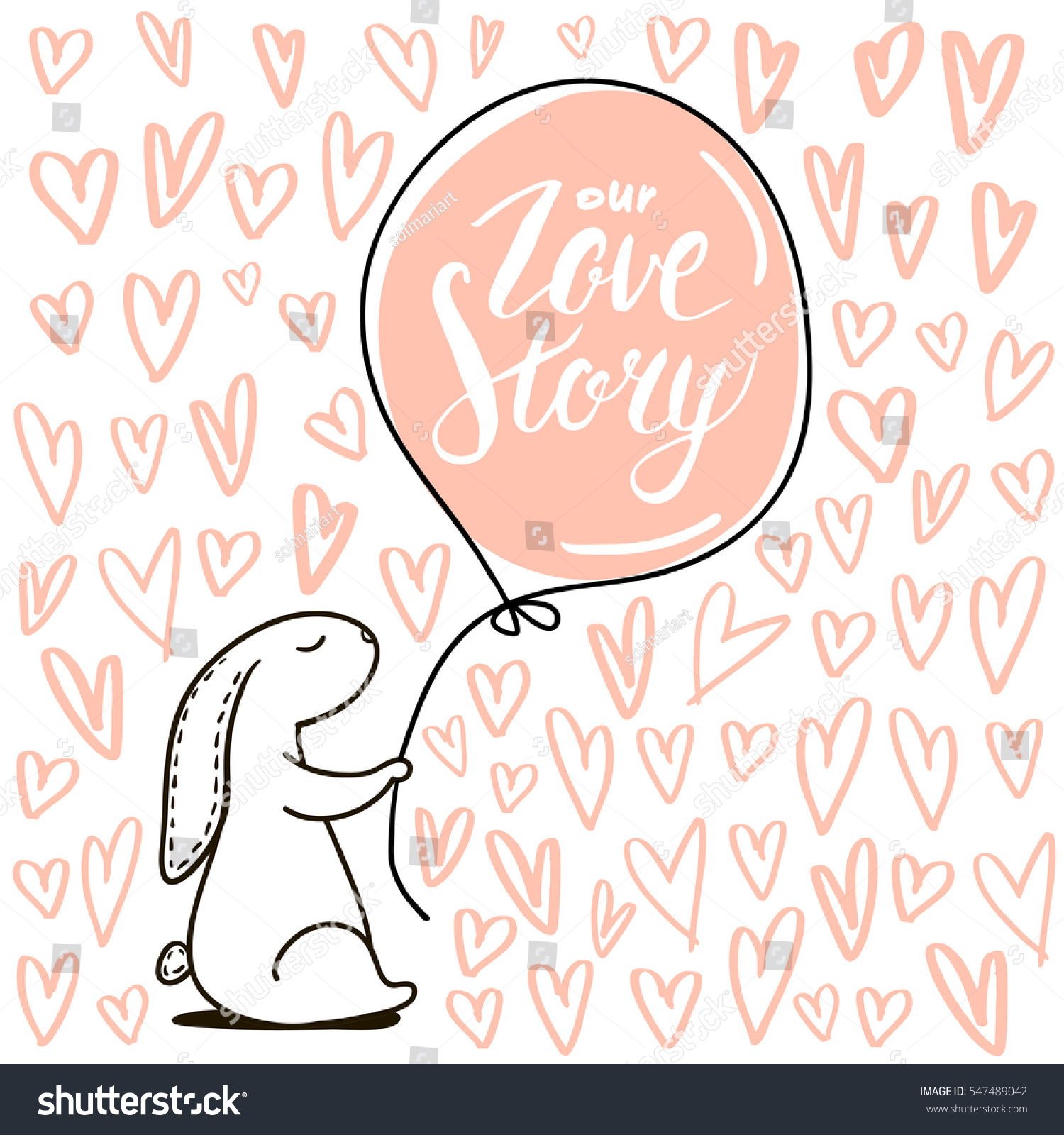 Our Love story quote Cute hand drawn Rabbit keeps balloon Background for wedding