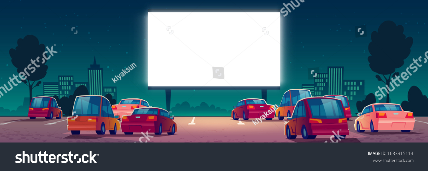 SVG of Outdoor cinema, drive-in movie theater with cars on open air parking. Vector cartoon summer night city with glowing blank screen and automobiles. Urban entertainment, film festival svg